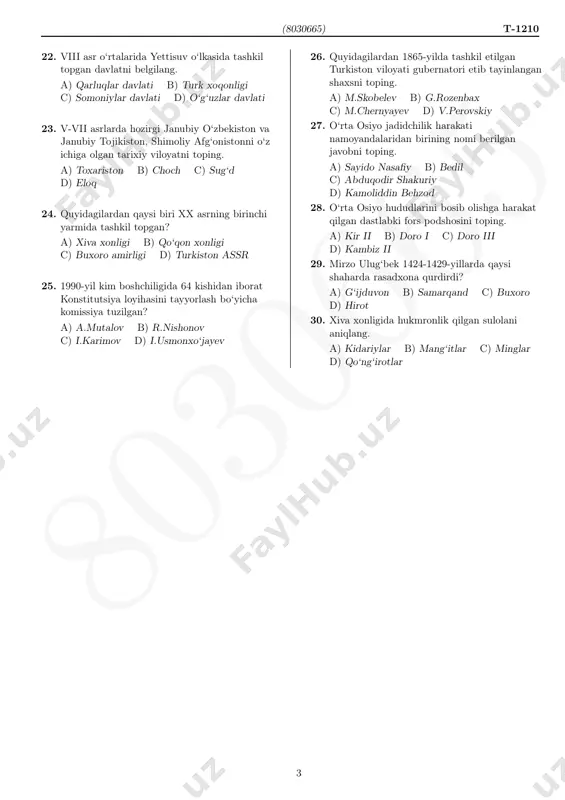 ‘rtalarida yettisuv o‘lkasida tashkil topgan davlatni belgilang. a) qarluqlar davlati b) turk xoqonligi c) somoniylar davlati d) o‘g‘uzlar davlati 23. v-vii asrlarda hozirgi janubiy o‘zbekiston va janubiy tojikiston, shimoliy afg‘onistonni o‘z ichiga olgan tarixiy viloyatni toping. a) toxariston b) choch c) sug‘d d) eloq 24. quyidagilardan qaysi biri xx asrning birinchi yarmida tashkil topgan? a) xiva xonligi b) qo‘qon xonligi c) buxoro amirligi d) turkiston assr 25. 1990-yil kim boshchiligida 64 kishidan iborat konstitutsiya loyihasini tayyorlash bo‘yicha komissiya tuzilgan? a) a.mutalov b) r.nishonov c) i.karimov d) i.usmonxo‘jayev 26. quyidagilardan 1865-yilda tashkil etilgan turkiston viloyati gubernatori etib tayinlangan shaxsni toping. a) m.skobelev b) g.rozenbax c) m.chernyayev d) v.perovskiy 27. o‘rta osiyo jadidchilik harakati namoyandalaridan birining nomi berilgan javobni toping. a) sayido nasafiy b) bedil c) abduqodir shakuriy d) kamoliddin behzod 28. o‘rta osiyo hududlarini bosib olishga harakat qilgan dastlabki fors podshosini toping. a) kir ii b) doro i c) doro iii …