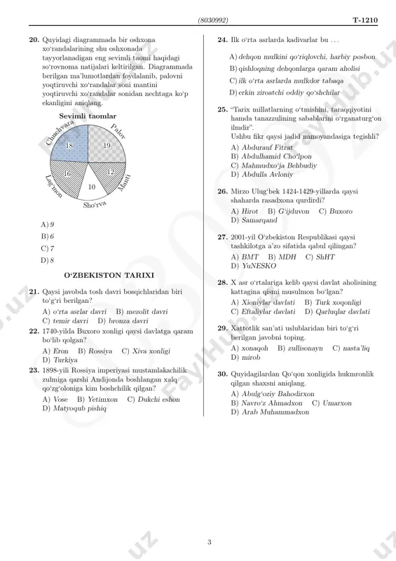 ng. sevimli taomlar 18 19 12 10 16 palov c hu ch var a m an tilag‘m on sho‘rva a)9 b)6 c)7 d)8 o‘zbekiston tarixi 21. qaysi javobda tosh davri bosqichlaridan biri to‘g‘ri berilgan? a) o‘rta asrlar davri b) mezolit davri c) temir davri d) bronza davri 22. 1740-yilda buxoro xonligi qaysi davlatga qaram bo‘lib qolgan? a) eron b) rossiya c) xiva xonligi d) turkiya 23. 1898-yili rossiya imperiyasi mustamlakachilik zulmiga qarshi andijonda boshlangan xalq qo‘zg‘oloniga kim boshchilik qilgan? a) vose b) yetimxon c) dukchi eshon d) matyoqub pishiq 24. ilk o‘rta asrlarda kadivarlar bu . . . a)dehqon mulkini qo‘riqlovchi, harbiy posbon b)qishloqning dehqonlarga qaram aholisi c) ilk o‘rta asrlarda mulkdor tabaqa d)erkin ziroatchi oddiy qo‘shchilar 25. “tarix millatlarning o‘tmishini, taraqqiyotini hamda tanazzulining sabablarini o‘rganaturg‘on ilmdir”. ushbu fikr qaysi jadid namoyandasiga tegishli? a) abdurauf fitrat b) abdulhamid cho‘lpon c) mahmudxo‘ja behbudiy d) abdulla avloniy 26. mirzo ulug‘bek 1424-1429-yillarda qaysi …