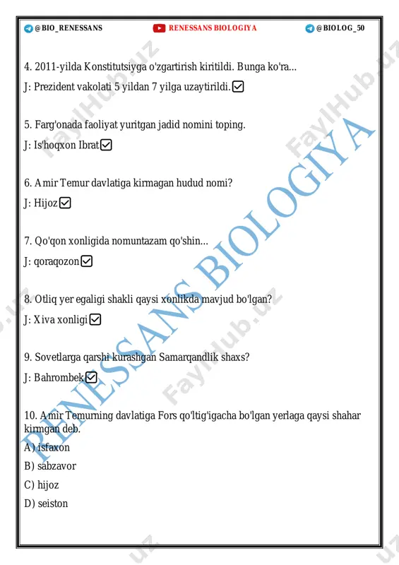 qon xonligida nomuntazam qo'shin... j: qoraqozon✅ 33. otliq yer egaligi shakli qaysi xonlikda mavjud bo'lgan? j: xiva xonligi ✅ 34. sovetlarga qarshi kurashgan samarqandlik shaxs? j: bahrombek✅ 35. toʼq qizil rangli baxmali bilan mashhur boʼlgan shahar❓ j : samarqand ✅