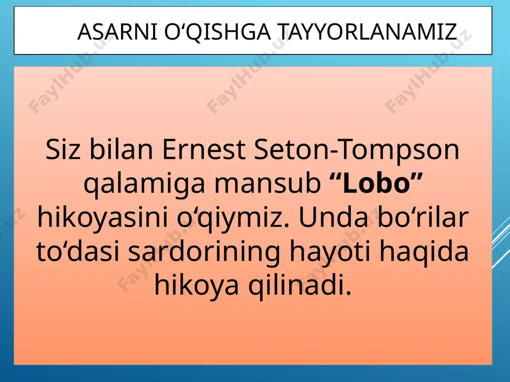 zga burilib, jangari qiyofada uvulladi. uning uvullashi cho‘ziq, iltijoli nido bo‘ldi. shunda olis adirlardan loboning javob nidosi eshitildi. blanka so‘nggi marta uvulladi. loboning vafoti emishki, sher kuch-quvvatdan qolsa, burgut erkidan ajrasa, kaptar juftidan ayrilsa, yuragi yorilib o‘lar ekan. bu yirtqichning yuragi birvarakayiga uchta musibatni ko‘tara olarmikin? u ham kuch-quvvatidan, ham erkidan, ham juftidan ayrildi. ertalab qarasam, u hamon dam olayotganday osoyishtagina yotibdi. ammo... jonsiz yotibdi. qo‘lga tushganda nafrat va g‘azabini namoyish qilgan lobo keyin beziyon bo‘lib qolgani sababini qanday izohlaysiz? tog’ay murod tarjimasi muhokama qilamiz 1. hikoyada qanday muhim masalalar ko‘tarilgan? undagi g‘oyalarni matn asosida izohlang. 2. asliyatda hikoya “lobo – kurrumpo qiroli” deb nomlanadi. mazkur sarlavha hikoya g‘oyasiga qay darajada mos? siz hikoyaga qanday sarlavha qo‘ygan bo‘lardingiz? nima uchun? qo‘lga tushganda nafrat va g‘azabini namoyish qilgan lobo keyin beziyon bo‘lib qolgani sababini qanday izohlaysiz? 3. muallifning lobo va uning galasiga munosabati aks etgan o‘rinlarni toping. bu munosabatning asar so‘ngida …