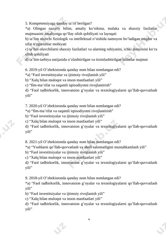 ing muallifini aniqlang? *a) o’tkir hoshimov b) abdulla qahhor c) odil yoqubov d) primqul qodirov 21. “ruhiy tarbiya” asarining muallifini aniqlang? *a) shayx muhammad sodiq muhammad yusuf b) imom al-buxoriy c) muhammadjon quronov d) shayx alovuddin mansur 22. “ijtimoiy odoblar” asarining muallifini aniqlang? *a) shayx muhammad sodiq muhammad yusuf b) imom al-buxoriy c) muhammadjon quronov d) shayx alovuddin mansur 23. “baxtiyor oila” asarining muallifini aniqlang? *a) shayx muhammad sodiq muhammad yusuf b) imom al-buxoriy c) muhammadjon quronov d) shayx alovuddin mansur 24. buyuk mutafakkir yusuf xos hojib asarini aniqlang? *a) “qutadg’u bilig” b) “devonu lug’atit turk” c) “hibat ul-haqoyiq” d) “to’rt ulus tarixi” 25. o’zbekiston respublikasining “bolalarni ularning sog’ligiga zarar yetkazuvchi axborotlardan himoya qilish to’g’risida”gi qonuni qachon qabul qilingan edi? *a) 2017-yil 8-sentabrda b) 2018-yil 12-dekabrda c) 2019-yil 19-aprelda d) 2020-yil 25-iyunda 26. ma’lum bir shaxsning vazifa va majburiyatlarini bajarishdagi ruhiy holati, xatti-harakatlar mohiyatini ochib berishga qaratilgan o‘yin nima deb …