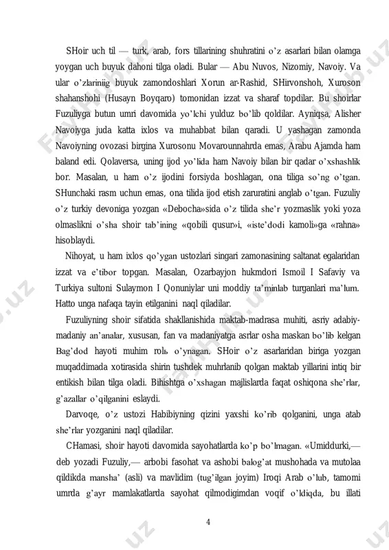 i singari g’azalga alohida ixlos va muhabbat bilan qaradi, uni iste’dodga me’zon bildi. fuzuliy g’azal janrini kamolotga etkazgan buyuk san’atkordir. navoiydan so’ng bu janrda eng ko’p, eng go’zal, eng nafis va eng ohangdor g’azallar yaratgan shoir fuzuliydir. fuzuliy — turkiy tillarda so’zlashuvchi barcha xalqlarning mushtarak sharafi, ularning mushtarak hofiz sheroziysidir. 6 fuzuliy o’z ijodining ibtidosidan boshlab, g’azal janriga alohida ahamiyat beradi, bu janrni boshqalardan yuqori qo’yadi. chunki: g’azaldir safo baxshi ahli nazar, g’azaldir guli gulistoni hunar. g’izoli g’azal saydi oson dagil, g’azal munkiri ahli irfon dagil. g’azal bildirar shoiring qudratin, g’azal orturar noziming shuhratin. g’azal de, ki mashhuri davron o’la, o’qumoqda, yozmoqda oson o’la. g’azal janriga bunday yuksak baho bergan fuzuliyning g’azallari kanday? fuzuliyni sharq lirikasining otasi hofiz sheroziy darajasiga ko’targan sir nimada? bu so’roqqa to’g’ri javob berish uchun yana fuzuliyning o’ziga murojaat qilmoq kerak. fuzuliy o’z kulliyotiga yozgan debochasida: ―shoirligim muqarrar bo’lgach, umrimning bir qismini sarf etib, turli ilmlarni …