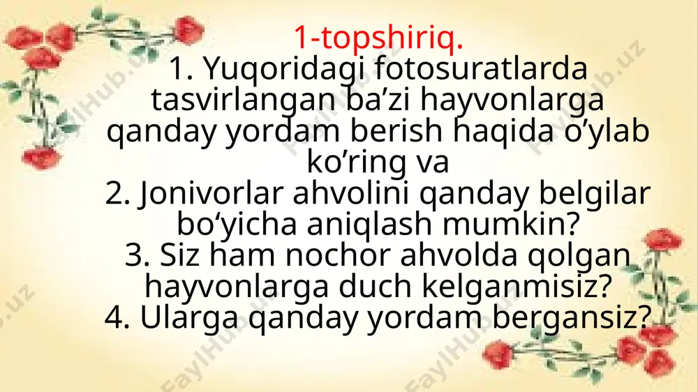 batlardan himoya qilish uchun qanday qonun chiqarilishini xohlardingiz? 3. nima uchun ko‘plab insonlar uysiz hayvonlar makonlariga ko‘ngilli bo‘lib yordam berishadi? hayvonlar haqida bo’lgan voqealar xatiko xatiko laqabli itning tarixi 1925- yilda yaponiyada boshlangan.shu yili itning egasi yurak xuruji bilan vafot etadi. biroq buni xatiko qayerdan bilsin? it o‘z sohibini uning tirik vaqtida har kuni kutganidek, temiryo‘l bekatida kutish ni davom ettiradi. sadoqat bilan kutish 9 yil, ya’ni itning o‘zi vafot etguniga qadar davom etadi. etiborlisi shundaki, xatiko hali hayotligidayoq sibuya temiryo‘l bekatida unga haykal qo‘yilgan edi. bugungi kunda xatiko obrazi javobsiz muhabbat va vafodorlik timsoliga aylangan. xatikoning tarixi haqida 2008- yili aqshda, butun dunyodagi millionlab kishilarning yig‘lashiga sabab bo‘lgan film suratga olingan. julbars julbars ikkinchi jahon urushi davrida “jangovar xizmatlari uchun” medali bilan taqdirlangan yagona itdir. u 7468 ta mina va 150 tadan ortiq snaryadni aniqlab topgan. ushbu noyob it nafaqat rekord darajadagi minalar sonini topgan urush qahramoni bo‘lgan, balki …