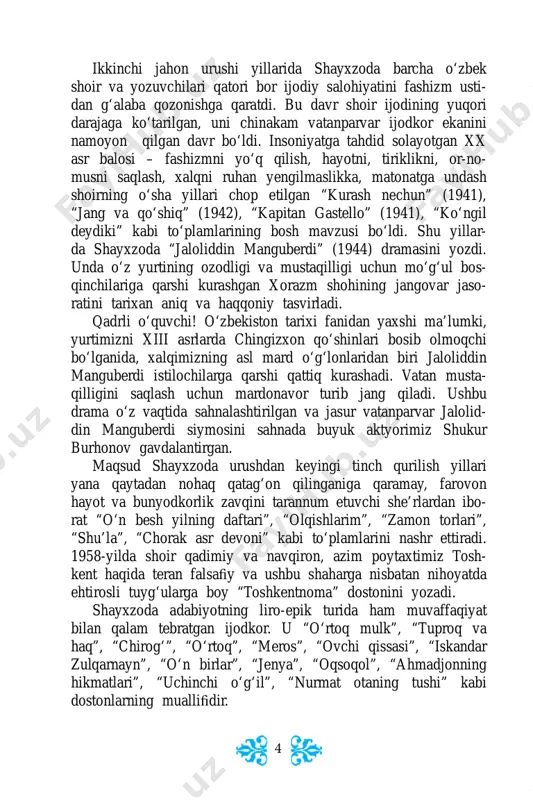 ing ajo- yib vakili fozil shoir, jahon adabiyotining nizomiy ganjaviy, shota rustaveli, a. s. pushkin, n. a. nekrasov, a. n. ost- rovskiy, t. g. shevchenko, a. p. chexov kabi namoyandalari- ga bag‘ishlangan asarlar yaratgan. shayxzoda mohir tarjimon sifatida sh. rustaveli, v. shekspir, a. s. pushkin, m. yu. ler- montov, nizomiy, fuzuliy, mirza fatali oxundov, ezop, esxil, gyote, bayron, mayakovskiy, nozim hikmat va boshqa yozuv- chilarning asarlarini o‘zbek tiliga ag‘dargan. mirzo ulug‘bek (tarixiy fojiadan lavhalar) qatnashuvchilar: mirzo ulug‘bek ibn shohrux – buyuk olim, movarounnahr hukmdori; 56 yoshda. abdullatif mirzo – uning o‘g‘li; 30 yoshda. ali qushchi – ulug‘bekning shogirdi va mahrami. astronom; 35 yoshda. sakkokiy – mashhur shoir. ulug‘bekning do‘sti; 45 yoshda. shayxulislom burhoniddin – zamonaning taraqqiyparvar ula- molaridan; 65 yoshda. abbos – sayid obidning o‘g‘li. abdullatifning mahrami; 28 yoshda. abdurazzoq samarqandiy – mashhur tarixchi; 35 yoshda. bek arslon – sardor; 50 yoshda. mavlono shamsiddin muhammad miskin – samarqand qozi- si; …