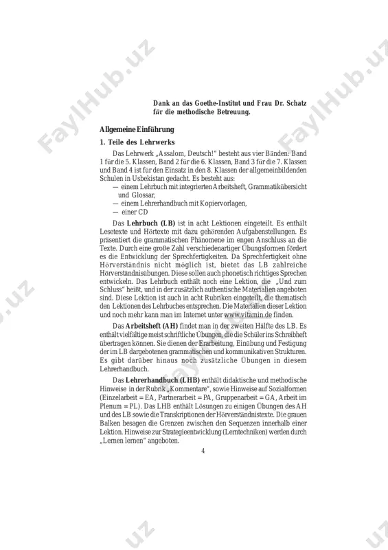 hen distanz zu den deutschsprachigen ländern die schwerpunkte „lesefähigkeit“ und „wortschatzarbeit“ gesetzt. um diese zu erreichen, enthält das lehrwerk viele texte und vorschläge zur wortschatzarbeit. 4. methodisch-didaktische hinweise wir haben in diesem lhb zum unterschied von den vorhergehenden bänden die methodisch-didaktischen hinweise jeweils an die stelle gerückt, wo sie direkt mit der praxis verbunden sind (siehe: „kommentare“) natürlich kann jede lehrerin/jeder lehrer über die vorschläge hinaus eigene ideen ausprobieren, kreative experimente wagen – kurz: einen lernerorientierten, freudvollen deutschunterricht durchführen. das buch ist ja schon einige jahre in gebrauch und wir haben zahlreiche, vor allem positive, rückmeldungen bekommen. weil nun aber lehrer große individualisten sind und ein abwechslungsreicher deutschunterricht bei jedem einzelnen lehrer anders aussieht, haben wir die vielen vorschläge zur veränderung der reihenfolge aufgenommen und in unseren lehrerhandreichungen umgesetzt. in welcher reihenfolge sie aber bearbeitet werden, entscheiden die lehrenden selbst. 6 5. erklärung der im lehrerhandbuch verwendeten abkürzungen ab — …