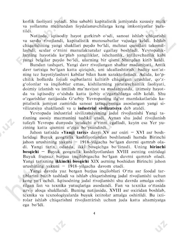 tarixning ikkinchi bosqichi xix asrning boshidan birinchi jahon urushining yakuni — 1918-yilgacha davom etadi. yangi davrda yuz bergan burjua inqiloblari o‘rta asr feodal tar- tiblarini buzib tashladi va ishlab chiqarishning jadal rivojlanishi uchun keng yo ‘l ochdi. iqtisodning jadal rivojlanishi shu davrda amalga oshi- rilgan fan va texnika yutuqlariga asoslandi. fan va texnika o ‘rtasida uzviy aloqa shakllandi. buning natijasida, xviii asr oxiridan boshlab, texnika va texnologiyalarda buyuk ixtirolar amalga oshirildi. bu ixti- rolar ishlab chiqarishni rivojlantirish uchun juda katta ahamiyatga ega bo‘ldi. 4 ingliz muhandisi jorj stefenson tom onidan 1814-yili ixtiro qilin- gan parovoz tem iryo‘l transportining omm alashuvini boshlab berdi. mashhur fizik va kimyogar olimlar — italiyalik alessandro volta, an- gliyalik gemfri devi va maykl faradey hamda fransuz andre-mari amper elektrdan foydalanishning asoslarini yaratdilar. energiyaning bu yangi turidan foydalanish texnikaning yangi sohalarini rivojlantir- di, ishlab chiqarishda, maishiy turmushda ulkan o ‘zgarishlarga olib keldi. yevropa sanoat inqilobi davrida ilmiy …