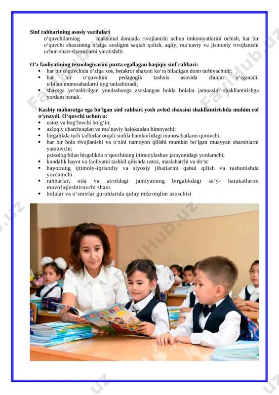 ko‘nikmalarni rivojlantirish · o‘quvchilarni o‘zbek va boshqa xalqlarning madaniy, milliy an’analariga humat ruhida tarbiyalash ota-onalar va mahalla bilan hamkorlik · barkamol avlodni tarbiyalashda "oila - mahalla - ta’lim muassasasi" hamkorligidagi jamoat kengashi faoliyatini keng tatbiq etish · o‘quvchilarni ijtimoiy himoya qilish bo‘yicha aniq chora-tadbirlar belgilash · o‘quvchilarning ta’lim muassasasiga belgilangan maktab formasida kelishlarini nazorat qilish · o‘quvchilarning kundalik.com elektron platformasidan foydalanishini nazorat va tahlil qilish, o‘quv qurollarining mavjudligi va to‘g‘ri tartibli saqlashlarini kuzatib borish, natijalarini ota-onalar bilan muhokama qilish · o‘quvchilarning turli salbiy diniy oqimlar ta’siriga tushib qolishining oldini olish, ularda bu borada immunitet shakllanishi uchun targ‘ibot ishlarini olib borish · ota-onalar bilan hamkorlikda ota-onalar majlislari, davra suhbatlari, muloqotlar uyushtirish · darslarga surunkali va muntazam kelmaydigan, tarbiyasi og‘ir o‘quvchilar bilan ishlashda ularning ota-onalari, fuqarolarning o‘zini o‘zi boshqarishvahuquq-tartibot organlari bilan hamkorlik qilish o‘quvchilarning bo‘sh vaqtlarini mazmunli tashkil etish, maktabdan va sinfdan tashqari faoliyatga jalb etish: · o‘quvchilarning qiziqishi, imkoniyati va qobiliyatlariga …