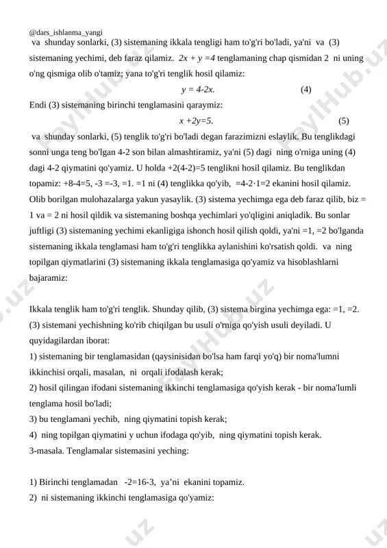 : 1. chiziqli tenglamalar sistemasini o’rniga qo’yish usulida yeching. 1) 2) 3) 4) 2. chiziqli tenglamalar sistemasini qo’shish usulida yeching. 1) 2) 3) v. o’quvchilarni bilimini baholash: o’quvchilar to’plagan rangli kartochkalar soniga qarab baholanadi. ikkita ko’k kartochka olgan “5” baho, bitta ko’k kartochka olgan o’quvchi “4” baho, ikkita yashil kartochka olgan o’quvchi “4” baho, bitta yashil kartochka olgan o’quvchi “3” baho, ikkita sariq kartochka olgan o’quvchi ham “3” baho bilan baholanadi. qaysi guruhda rag’bat kartochkasi bo’lsa, shu guruh a’zolarining baholari bir balldan ko’tariladi. vi. uyga vazifa: 1. chiziqli tenglamalar sistemasini o’rniga qo’yish usulida yeching. 1) 2) 3) 4) 2. chiziqli tenglamalar sistemasini qo’shish usulida yeching. 1) 2) 3) image3.wmf î í ì = + = + . 4 2 , 5 2 y x y x image32.wmf 2 1 2 1 2 1 s s b b a a ¹ = oleobject62.bin image33.wmf 2 1 2 1 2 1 s …