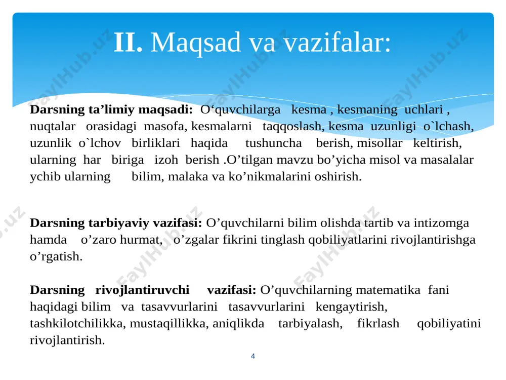 i masofa, kesmalarni taqqoslash, kesma uzunligi o`lchash, uzunlik o`lchov birliklari haqida tushuncha berish, misollar keltirish, ularning har biriga izoh berish . o’tilgan mavzu bo’yi cha misol va masalalar ychib ularning bilim, malaka va ko’nikmalarini oshirish. d arsning tarbiyaviy vazifasi: o’quvchilarni bilim olishda tartib va intizomga hamda o’zaro hurmat, o’zgalar fikrini tinglash qobiliyatlarini rivojlantirishga o’rgatish. darsning rivojlantiruvchi vazifasi: o’quvchilarning matematika fani haqidagi b ilim va tasavvurlarini tasavvurlarini kengaytirish, tashkilotchilikka, musta q illikka, aniqlikda tarbiyalash, fikrlash qobiliyatini rivojlantirish. image5.emf uslub: aralash , norasmiy dars. 1) dars jarayonida o’quvchilar guruhla rga bo’linadi. 2) guruhlar o’rtasida musobaqa 3) savol - javoblar, suhbat, didaktik o’yinlar orqali bo’lim yuzasidan mustahkamlash. shak l i: guruhlarga ajratish va savollar bilan nazorat ishlarini olib borish. vosita: 5 - sinf matematika darsligi , plakatlar: “ kasb – hunar ” egalari tasvirlangan suratlar va tarqatmalar ; guruhlar nomi usul: suh bat, ma’ruza, nazorat, bajargan va yechilgan misollari asosida nazorat: savollar, daftardagi …