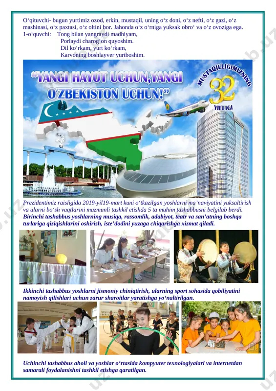 i oshirish, iste’dodini yuzaga chiqarishga xizmat qiladi. ikkinchi tashabbus yoshlarni jismoniy chiniqtirish, ularning sport sohasida qobiliyatini namoyish qilishlari uchun zarur sharoitlar yaratishga yo‘naltirilgan. uchinchi tashabbus aholi va yoshlar o‘rtasida kompyuter texnologiyalari va internetdan samarali foydalanishni tashkil etishga qaratilgan. to‘rtinchi tashabbus yoshlar ma’naviyatini yuksaltirish, ular o‘rtasida kitobxonlikni keng targ‘ib qilish bo‘yicha tizimli ishlarni tashkil etishga yo‘naltirilgan. beshinchi tashabbus xotin-qizlarni ish bilan ta’minlash masalalarini nazarda tutadi. 2022-2026 yillarga mo‘ljallangan yangi o‘zbekistonning taraqqiyot strategiyasini amalga oshirish, erishilgan yutuqlarni mustahkamlab, tub islohot jarayonlarini yangi bosqichga ko‘tarish, inson huquq va manfaatlari, uning qadri, sha’ni va g‘ururini yetakchi o‘ringa olib chiqish ustuvor vazifamizga aylangan hozirgi vaqtda yurtimizda tinchlik va barqarorlikni saqlash, davlatimizning hududiy yaxlitligi va bo‘linmasligi, sarhadlarimiz daxlsizligini ta’minlash, millatlararo totuvlik, diniy bag‘rikenglik va hamjihatlikni mustahkamlashga intilish ko‘p millatli xalqimizni yanada birlashtiradigan, yuksak marralarga safarbar etadigan beqiyos kuchga aylanib bormoqda. respublikamizda ta’lim tizimining rivojlanishi shiddat bilan o‘sib bormoqda. mustaqillikdan avvalgi an’anaviy darslar o‘rnini noan’anaviy tarzdagi kompetensiyaviy …