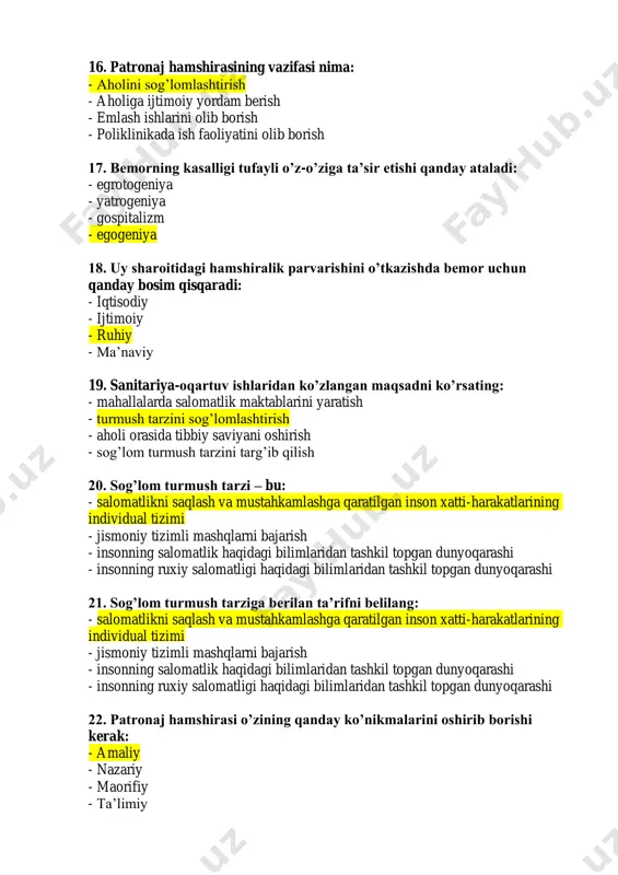 holatini patronaj hamshirasi qanday baholaydi: - aktiv, passiv, majburiy - yaxshi, yomon - passiv, majburiy - aktiv, passiv 1op nargiza highlight 1op nargiza highlight 1op nargiza highlight 1op nargiza highlight 1op nargiza highlight 1op nargiza highlight 16. patronaj hamshirasining vazifasi nima: - aholini sog’lomlashtirish - aholiga ijtimoiy yordam berish - emlash ishlarini olib borish - poliklinikada ish faoliyatini olib borish 17. bemorning kasalligi tufayli o’z-o’ziga ta’sir etishi qanday ataladi: - egrotogeniya - yatrogeniya - gospitalizm - egogeniya 18. uy sharoitidagi hamshiralik parvarishini o’tkazishda bemor uchun qanday bosim qisqaradi: - iqtisodiy - ijtimoiy - ruhiy - ma’naviy 19. sanitariya-oqartuv ishlaridan ko’zlangan maqsadni ko’rsating: - mahallalarda salomatlik maktablarini yaratish - turmush tarzini sog’lomlashtirish - aholi orasida tibbiy saviyani oshirish - sog’lom turmush tarzini targ’ib qilish 20. sog’lom turmush tarzi – bu: - salomatlikni saqlash va mustahkamlashga qaratilgan inson xatti-harakatlarining individual tizimi - jismoniy tizimli mashqlarni bajarish - insonning salomatlik haqidagi bilimlaridan tashkil …