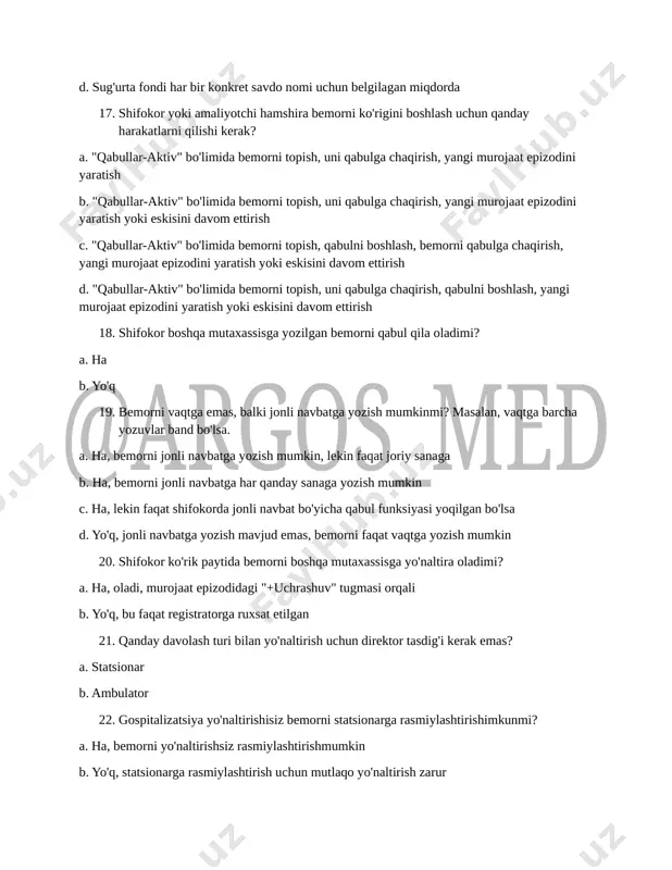 b. ha, bemor tibbiy kartasidagi "diagnostika" bo'limida c. ha, bemor tibbiy kartasidagi "ko'riklar" bo'limida d. yo'q, ko'ra olmaydi 27. xodimlardan kimlar reimbursatsiya retseptlarini yoza oladi? a. oila shifokorlari b. tor mutaxassislar c. amaliyotchi hamshira d. barcha shifokorlar 28. bemorni patronaj rejasiga qo'shish uchun qanday harakatlarni qilish kerak? a. "patronaj-rejalashtirish" bo'limida bemorni topish, amaliyotchi harnshirani tanlash, patronaj maqsadini ko'rsatish, belgi qo'yish b. "patronaj-rejalashtirilgan" bo'limida bemorni topish, amaliyotchi hamshirani tanlash, belgi qo'yish c. "patronaj-rejalashtirish" bo'limida bemorni topish, patronaj hamshirasini tanlash, patronaj maqsadini ko'rsatish, belgi qo'yish d. "patronaj-rejalashtirilgan" bo'limida bemorni topish, patronaj hamshirasini tanlash, patronaj maqsadini ko'rsatish, belgi qo'yish 29. bemorga bir vaqtning o'zida bir nechta analizni tayinlash mumkinmi? a. ha, turli guruhlardan bir nechta analizni birdan tanlash mumkin b. faqat bitta guruh doirasida bir nechta analizni tanlash mumkin c. har bir guruhdan bittadan analizni tanlash mumkin d. yo'q, faqat bitta analizni tanlash mumkin 30. fizioterapevtik kursni qo'shish uchun nima qilish kerak? a. …