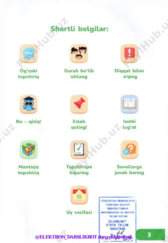 ining birinchi bo‘g‘inlaridan foydalanib, yangi so‘z hosil qiling. ona yern ing tu p ro g ‘i ona sutidek aziz. vatan - jon fidolikdir boltaboy eshmurotov xalqimizda buyuk bir falsafiy gap yuradi: “vatan ostonadan boshlanadi” . bu hikmatomuz iboraga qanday qoyil qolmaslik mumkin. buyuk istiqlolimiz bizga ona vatanimizning qadriga yetishni, uni asrab-avaylashni o'rgatdi. biz kindik qonimiz to ‘kilgan shu muqaddas tuproqni sevishimiz, shu vatan farzandlari ekanimizni hech qachon yodimizdan chiqarmasligimiz kerak. p @elektron_darslikbot dan yuklab olindi. vatan - jon fidolikdir 8-mavzu■ konstitutsiya lotincha “constitutio” so'zidan olingan !m lib, "tuzilish”, “qoida” ma’nolarini anglatadi. inson qalbida qachonki, vataniga m iilu ibbat tuyg'usi kuchli bo'lgan, iianini idrok eta oladigan, p t i .isosiysi, vatan qismatini o '/ln lng eng buyuk qismati deb hll.klig.m, har tomonlama i > i i . »mol, vatan oldidagi imichi va mas’uliyatini hi', '- lii oladigan bo‘lsa, ii nr.onni chin ma’noda vnl.mparvar deya olamiz. ii (>'/. vatani bilan faxrlanadi, ti …