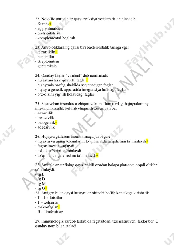 la 37. qanday oziqa muhitlarning yig’idisi tug’riqxonalarda bog’lovchi materiallarni sterilligini tekshirishda qo’llaniladi: - tioglikolli muhit va saburo muhiti+ - go’sht-peptonli bulon va tioglikolli muhit - tioglikolli muhit va shakarli bulyon - go’sht-peptonli bulyon va saburo muhiti 38. jarroxlik statsionarlari havo muhitini baholashda qanday ko’rsatkichlar ishlatiladi: - omch+ - bkgp - gemolitik streptokokklar - yashil streptokokklar 39. tug’ruqxona apparaturasi yuzasidan olingan surtmani ko’k yirig tayoqchasiga tekshirishda 1% li peptonli suvdan qanday muhitga ekish kerak: - endo muhiti+ - zardobli agar - qonli agar - brilliant ko’ki bilan muhit 40. sulfitredutsiriyalovchi klostridiyalarni tuproqdan ajratib olish uchun qanday oziq muhitlaridan foydalaniladi: - endo - vismut-sulfit agar - vilson-blera muhiti+ - donovan muhiti 41. qanday oziqa mahsulotlarining spetsifik mikroflorasi bor: - dudlangan kolbasa+ - qaynatilgan kolbasa - pasterizatsiyalangan sut - shokoladli konfetlar 42. oddiy yorug’lik mikroskopi kattalashtirish xususiyati (immersiya bilan) : - 900 marotaba+ - 500 marotaba argos_m ed kanali - 100 000 marotaba …