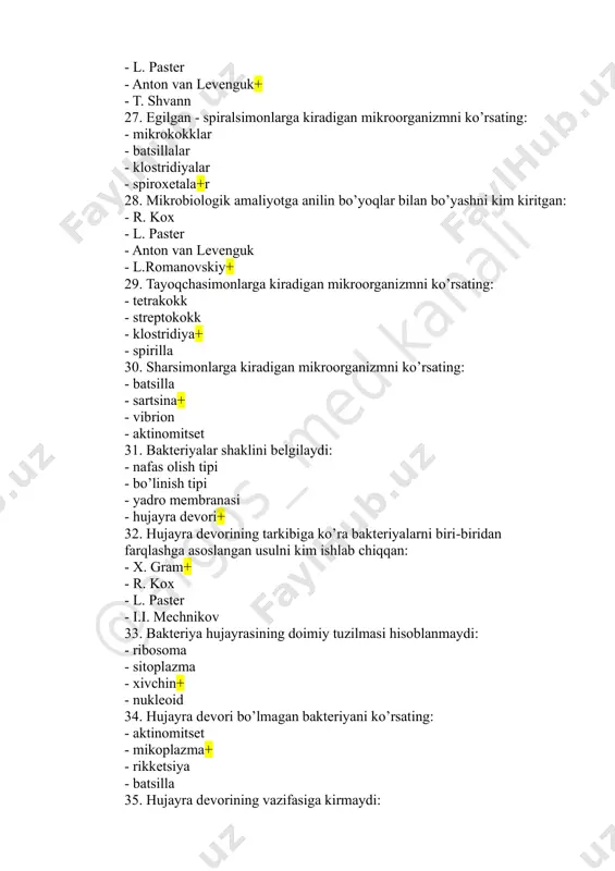 batsilla 35. hujayra devorining vazifasiga kirmaydi: @arg os _m ed ka na li - energetik almashinuvda ishtirok etadi+ - bakteriya shaklini belgilaydi - tashqi omillardan himoya qiladi - antigen saqlaydi 36. bakteriyalar harakatchanligini bildiradigan belgini ko’rsating: - kapsulasining borligi - gram bo’yicha bo’yalishi - yarim suyuq agarda o’sishi+ - sporasining borligi 37. bakteriyalar sporasiga xos: - ko’payish usuli - xromosomaga bog’liq bo’lmagan irsiy omil - tinch holatdagi reproduktiv hujayralar+ - hujayra bo’linish jarayonida hosil bo’ladi 38. o’tkir so’zakning mikrobiologik tekshirish usullarini ko’rsating: - mikroskopik, bakteriologik - bakteriologik, biologik - biologik, serologik - serologik, allergik 39. meningokokkli infektsiyalarning organizmga kirish yo’lini ko’rsating: - shikastlangan teri - burun – halqum shilliq qavati+ - shikastlanmagan teri - uretraning shilliq qavati 40. meningokokkli nazofaringitning asosiy mikrobiologik tekshirish usulini ko’rsating: - bakteriologik+ - serologik - allergik - biologik 41. bakterial ichburug’ qo’zg’atuvchisi qaysi avlod vakili hisoblanadi: - escherichia - shigella+ - salmonella - yersinia 42. …