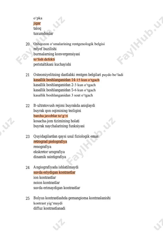 ya sindromini keltirib chiqaradigan sil infiltrativ sil tuberkuloma fibrokavernoz sil birlamchi sil kompleksi 43 sifilis naysimon suyaklarning koʻpincha qaysi qismida joylashadi epifiz metafiz diafiz epimetafiz 44 silikozda disseminatsiya koʻproq uchraydi oʻpkaning oldingi segmentlarida oʻrta va pastki qismlarida user highlight user highlight user highlight user highlight user highlight user highlight oʻpkaning orqa segmentlarida yuqori qismlarida 45 qaysi tekshiruv nurlanish bilan bogʻliq emas stsintigrafiya bir fotonli emission tomografiya magnit-rezonans tomografiya kompyuter tomografiya 46 ultratovush tasvirida oʻtkir gepatit quyidagi bilan birga keladi: jigar hajmining oshishi, parenximaning exogenligining pasayishi jigar hajmining oshishi, parenximaning exogenligi oshishi jigarning normal hajmi, jigar arxitektonikasi buzilishi, parenxima geterogenligi parenximaning exogenligi oshishi bilan jigar hajmining kamayishi 47 umurtqa pogʻonasidagi osteoporoz standart rentgenogrammada suyak toʻqimasini qanchasi yoʻqolishi bilan aniqlanishi mumkin 50% suyak toʻqimasi 40% suyak toʻqimasi 30% suyak toʻqimasi 20% suyak toʻqimasi 48 nurlanish pasayishi boʻyicha toʻgʻri ketma-ketlik rentgenoskopiya-rentgenografiya-tomografiya tomografiya-rentgenoskopiya-rentgenografiya rentgenoskopiya-tomografiya-rentgenografiya rentgenografiya-tomografiya-rentgenoskopiya 49 umurtqa kompression sinishining xarakterli rentgen belgisini aniqlang togʻayli …