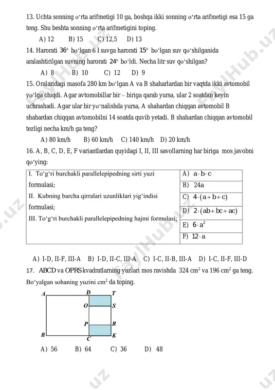 to‘g‘ri noto‘g‘ri qimmatroq mashina yangi. arzonroq bo‘lgan avtomobil katta. eski avtomobil sekinroq harakatlanadi. yangi avtomobil katta. sekinroq bo‘lgan avtomobil kichikroq. a) noto‘g‘ri, noto‘g‘ri, noto‘g‘ri, noto‘g‘ri, to‘g‘ri b) to‘g‘ri, noto‘g‘ri, to‘g‘ri, to‘g‘ri, to‘g‘ri c) noto‘g‘ri, to‘g‘ri, to‘g‘ri, noto‘g‘ri, to‘g‘ri d) to‘g‘ri, noto‘g‘ri, to‘g‘ri, to‘g‘ri, to‘g‘ri 25. abcd to‘g‘ri to‘rtburchakning bo‘yi enidan 2 marta qisqa, perimetri esa 60 m. a nuqtada turgan jismning tezligi minutiga 15 m, b nuqtada turgan jismning tezligi minutiga 10 m. agar ikkala jism soat strelkasiga qarshi yo‘nalishda harakat qilsa, qaysi nuqtada uchrashadilar? a) a; b) d; c) c; d ) b;