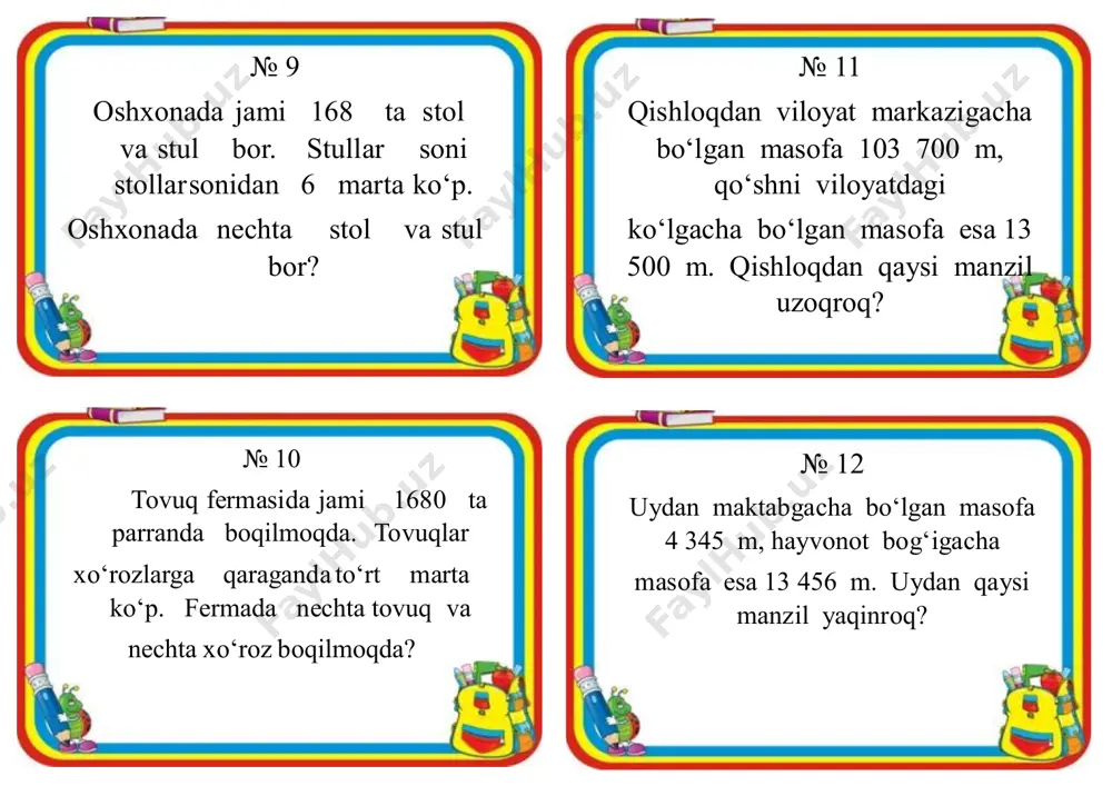 ni qancha muxlis tomosha qilgan? № 40 botir o‘ylagan soniga 1305 ni qo‘shib, 5 ga bo‘ldi. natijada 980 va 405 sonlari ayirmasiga teng son hosil bo‘ldi. botir qaysi sonni o‘ylagan? № 41 tabiat muzeyiga uch kunda 349 nafar tomoshabin kirdi. muzeyga juma kuni 65 nafar, yakshanba kuni esa juma kundagiga qaraganda 3 baravar ko‘p tomoshabin tashrif buyurdi. shanba kuni muzeyga qancha tomoshabin tashrif buyurgan? № 42 fermer olma hosilini bir xil yashiklarga solib, jami 4950 kg mevani bozorga sotgani olib keldi. bir yashikka 45 kg olma sig‘sa, fermer bozorga jami necha yashik meva olib kelgan? № 43 kun davomida do‘konda 1755 qadoq sut, qatiq va qaymoq sotildi. qatiq sutdan 3 marta kam, qaymoqdan esa 230 qadoq kam sotilgan bo‘lsa, do‘konda bir kunda necha qadoq qatiq sotilgan? № 44 maydoni 12 ga va 15 ga bo‘lgan ikkita dalalardan hosil yig‘ib olindi. katta may- dondan kichigiga qaraganda 150 t ko‘p hosil yig‘ib …