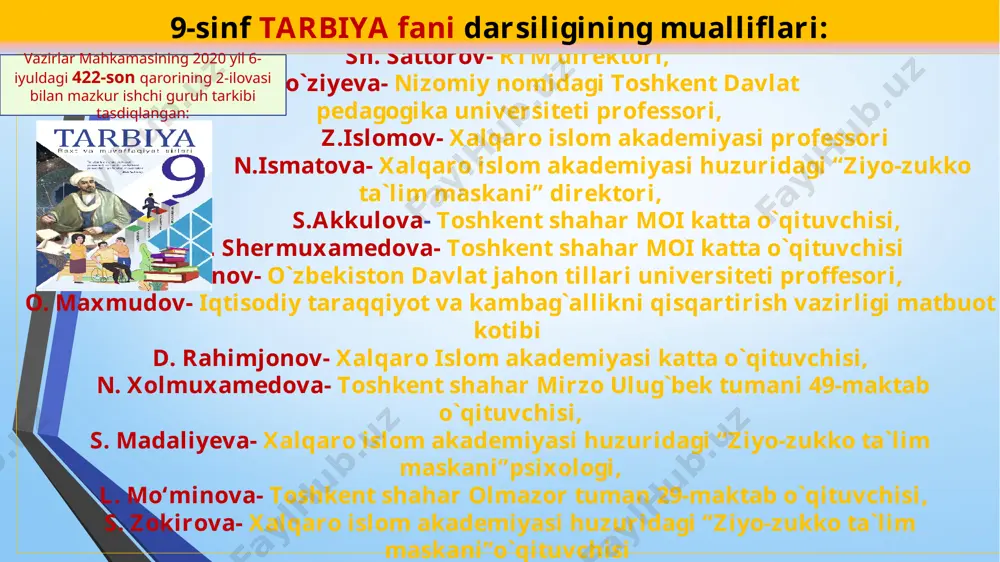 orlaydilar. taqdimotni tayyorlash vaqti 15 daqiqa. "mening hayotiy rejalarim" kichik guruhlarda ishlash uchun mavzu. taqdimotda quyidagi savollarga javoblar bo‘lishi shart: sizda bugungi kunda qanday muhim maqsad va vazifalarin mavjud? ularga qanday erishish mumkin? maqsadga erishish uchun nimadan boshlaysiz? maqsadlaringizga erishganingizdan so‘ng, hayotingizda nimalar o‘zgaradi? maqsadlaringizga erishganingizni tasavvur qiling. siz o‘zingizni qanday his qilayapsiz? muhim! kichik guruhlarda tavsiya etilgan ishtirokchilar soni 4-6 kishidan iborat. rtm: loyiha va tavsiya darsning ikkinchi bosqichi o‘quvchilarning taqdimotlari bilan boshlanadi va tugaydi. har bir guruhning chiqish vaqti 5 daqiqa. agar guruhlar oz bo‘lsa, unda ishlash vaqtini uzaytirish mumkin. vaqtga rioya qilish muhimligi esda tuting! darsning uchinchi bosqichi: xulosa qilish. uy vazifasi: o‘quvchilar “liderlikka 5 qadam" mavzusida esse yozadilar. rtm: loyiha va tavsiya rag‘batlantiring! o‘zgartiring! ta’lim bering! rtm: loyiha va tavsiya e`tiboringiz uchun rahmat! image36.jpeg image37.png image38.png image47.png image48.jpeg image49.png image39.png image40.png image41.png image42.png image43.png image44.png image45.png image46.png image29.jpeg image50.png image51.png image52.png image53.png image54.png image55.png image56.png image57.png …