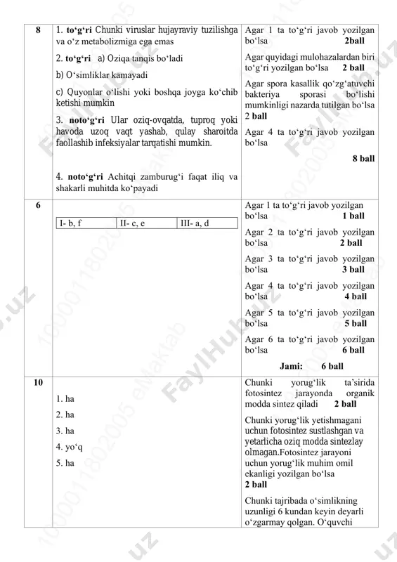 zilgan bo‘lsa 2ball agar quyidagi mulohazalardan biri to‘g‘ri yozilgan bo‘lsa 2 ball agar spora kasallik qo‘zg‘atuvchi bakteriya sporasi bo‘lishi mumkinligi nazarda tutilgan bo‘lsa 2 ball agar 4 ta to‘g‘ri javob yozilgan bo‘lsa 8 ball 6 i- b, f ii- c, e iii- a, d agar 1 ta to‘g‘ri javob yozilgan bo‘lsa 1 ball agar 2 ta to‘g‘ri javob yozilgan bo‘lsa 2 ball agar 3 ta to‘g‘ri javob yozilgan bo‘lsa 3 ball agar 4 ta to‘g‘ri javob yozilgan bo‘lsa 4 ball agar 5 ta to‘g‘ri javob yozilgan bo‘lsa 5 ball agar 6 ta to‘g‘ri javob yozilgan bo‘lsa 6 ball jami: 6 ball 10 1. ha 2. ha 3. ha 4. yo‘q 5. ha chunki yorug‘lik ta’sirida fotosintez jarayonda organik modda sintez qiladi 2 ball chunki yorug‘lik yetishmagani uchun fotosintez sustlashgan va yetarlicha oziq modda sintezlay olmagan.fotosintez jarayoni uchun yorug‘lik muhim omil ekanligi yozilgan bo‘lsa 2 ball chunki tajribada o‘simlikning uzunligi 6 …