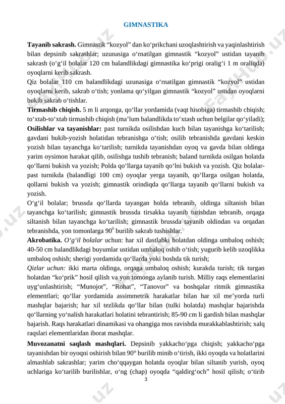 mashlab yugurish; turli masofalarga bir me’yorda 6 daqiqa davomida yengil yugurish. mokisimon yugurish 4x10 m mokisimon yugurish kross tayyorgarligi. 800, 1000 m masofalarga yugurish; yurish bilan almashlab 6 daqiqa davomida yugurish; yoʻnalishni oʻzgartira borib past- baland yerlardan yugurish; 2000 m masofaga kross yugurish. sakrash. balandlik va uzunlikka sakrashning maxsus mashqlari; yugurib kelib uzunlikka “oyoq bukish” usulida sakrash; yugurib kelib balandlikka “hatlab oʻtish” usulida sakrash. uloqtirish. turli holatlarda turgan joydan tennis koptogini uloqtirish; tennis koptogini moʻljalga uloqtirish; tennis koptogini yugurib kelib uzoqlikka uloqtirish; sport oʻyinlari (futbol, basketbol, voleybol, qoʻl toʻpi) basketbol. basketbol oʻyini elementlari asosida har xil mashq usullarini bajarish; toʻpni bir qoʻlda olib yurish va uzatish; raqibni chetlab oʻtish; toʻpni bosh tomondan ikki qoʻllab uzatish; shaxsiy va jamoaviy himoyani maydonda ushlash usullarini oʻrgatish; 2x1x2 va 1x2x2 taktikalari; jarima toʻplarini savatga tashlash; basketbol oʻyini qoidasiga asosan ikki tomonlama oʻyin; oʻyinda hakamlik qilishnioʻrgatish. voleybol. juftlikda toʻpni, toʻr ustidan yuqoridan va pastdan bir …