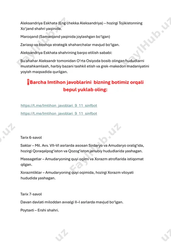 mini yaratgan, sinjorda yer meridiani bo‘yicha ish olib borgan. 4-savol javobi: shahar: marv maqbara: solih mahdiy maqbarasi (yoki boshqa tarixiy maqbara) izoh: arablar movarounnahrda birinchi bo‘lib egallagan shahar. harbiy yurishlar uchun strategik ahamiyatga ega. 5-savol javobi: yozuv nomi: so‘g‘d yozuvi topilgan hududlar: panjikent, samarqand, toshkent vohasi izoh: 38–40 ta harfdan iborat, tosh va yog‘ochlarga o‘yib yozishga mos bo‘lgan. 6-savol javobi: shahar: buxoro bosib olgan: qutayba ibn muslim izoh: arablar vii asrda buxoroni bosib olishgan. “madina at-tujjor” – savdogarlar shahri deb atalgan. 7-savol javobi: diniy ruhoniylar nomi: mobedlar mas’ul ishi: ma’rifat, ta’lim-tarbiya, adolatli hukm, diniy marosimlar izoh: zaratushtiylikda mobedlar diniy yetakchilar hisoblangan. ular bolalarni o‘qitish va tarbiyalashda muhim rol o‘ynagan. ❗️barcha imtihon javoblarini bizning botimiz orqali bepul yuklab oling: https://t.me/imtihon_javoblari_9_11_sinfbot https://t.me/imtihon_javoblari_9_11_sinfbot 8-savol javobi: posbon nomi: dihqonlar qorovuli (yoki sipoh) vazifasi: tartib-intizomni saqlash, dehqonlar mulkini himoya qilish izoh: erta o‘rta asrlarda bu harbiy guruh dehqonlar oldida tartibni saqlashda faol bo‘lgan. 9-savol javobi: …
