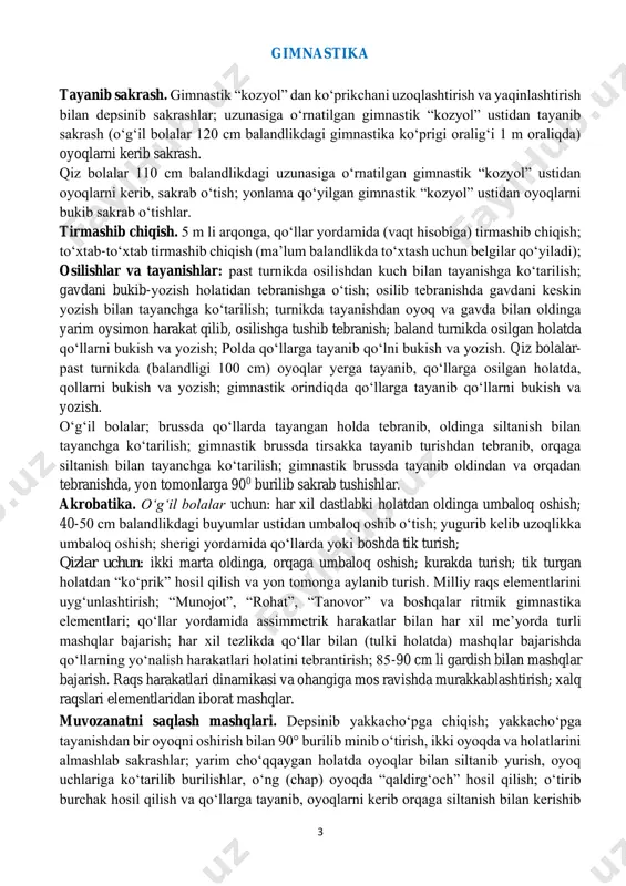 urli masofalarga bir me’yorda 6 daqiqa davomida yengil yugurish. mokisimon yugurish 4x10 m mokisimon yugurish kross tayyorgarligi. 800, 1000 m masofalarga yugurish; yurish bilan almashlab 6 daqiqa davomida yugurish; yoʻnalishni oʻzgartira borib past- baland yerlardan yugurish; 2000 m masofaga kross yugurish. sakrash. balandlik va uzunlikka sakrashning maxsus mashqlari; yugurib kelib uzunlikka “oyoq bukish” usulida sakrash; yugurib kelib balandlikka “hatlab oʻtish” usulida sakrash. uloqtirish. turli holatlarda turgan joydan tennis koptogini uloqtirish; tennis koptogini moʻljalga uloqtirish; tennis koptogini yugurib kelib uzoqlikka uloqtirish; sport oʻyinlari (futbol, basketbol, voleybol, qoʻl toʻpi) basketbol. basketbol oʻyini elementlari asosida har xil mashq usullarini bajarish; toʻpni bir qoʻlda olib yurish va uzatish; raqibni chetlab oʻtish; toʻpni bosh tomondan ikki qoʻllab uzatish; shaxsiy va jamoaviy himoyani maydonda ushlash usullarini oʻrgatish; 2x1x2 va 1x2x2 taktikalari; jarima toʻplarini savatga tashlash; basketbol oʻyini qoidasiga asosan ikki tomonlama oʻyin; oʻyinda hakamlik qilishnioʻrgatish. voleybol. juftlikda toʻpni, toʻr ustidan yuqoridan va pastdan bir – biriga …