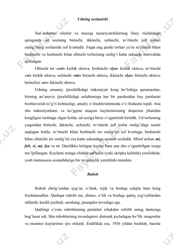 lab, barcha o’zbek musiqa cholg’ularimiz qatori rubob ham takomillashtirilib, xromatik tovushqatorga ega bo’ldi. bu esa butun dunyo xalqlari musiqa asarlarini, shuningdek g’arbiy ovropa klassik asarlarini ham ijro etish imkoniyatini berdi. o’z rubobi bilan xalq hurmatiga sazovor bo’lgan marhum sozandalarimizdan: muhammadjon mirzayev, ergash shukrullayev, abbos bahromov, nusrat inoqovlardir. ular ijro etgan kuylardan bahramand bo’lib turish shu sinfda tahsil ko’rayotgan har bir bo’lg’usi rubobchining eng asosiy burchi hisoblanadi. hozirgi kunda ijro etib kelayotgan rubobchilar: qobil usmonov, tohir rajabov, rahmatjon tursunov, husan nabiyev, anvar inoqov, rifatilla qosimov, rustam karimov, ari boboxonov, olimboy rahmonov, ravshan hamroqulovlardir. rubobning sozlanishi rubobning kosasiga asosan baliq terisi ba’zi hollarda buzoqning yurak terisi ham qoplanadi. rubob notasi yozilishidan ko’ra bir oktava past sozlanadi (ovoz beradi). rubob besh tordan iborat. uning birinchi tori juft bo’lib, fortepianoning yoki changning birinchi oktavadagi lya pardasiga va ikkinchi tori ham juft bo’lib, mi pardasiga, oxirgi ichakdan eshilgan yo’g’on tori bitta bo’lib, u chalinadigan kuyining …