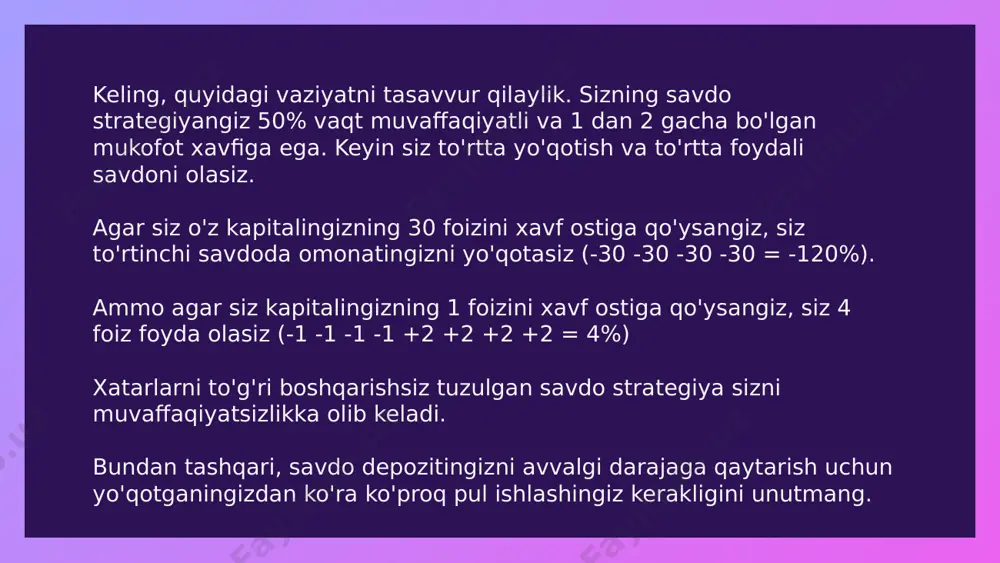 rqaga qaytganda savdoqilish: trend bilan bozorga qanday kirish mumkin? 1. agar narx 200 davri bilan harakatlanuvchi o'rtacha qiymatdan yuqori bo'lsa, trend ko'tariladi. 2. ko'tarilish trendida biz 20 va 50 davrlari bilan harakatlanuvchi o'rtacha ko'rsatkichlar o'rtasidagi hududning ikki marta narxiga tegishini kutamiz. 3. uchinchi sinovda biz uzoq savdoni ochamiz. 4. stoploss bizning kirish nuqtamizdan 2 atr masofada joylashtiriladi. 5. agar narx sizning foydangizga ketsa, narx 50 ma dan tashqarida yopilganda savdo yopiladi. orqaga qaytish - bu trendga qarshi qisqa muddatli narx harakati. o'sish trendida orqaga qaytish pastga tushish trendida orqaga qaytish pullback savdoning afzalliklari va kamchiliklari qanday? orqaga qaytarish bizga yaxshi xavf/mukofot nisbati bilan yaxshi kirish nuqtasini beradi. biroq, biz kuchli trendni o'tkazib yuborishimiz mumkin, chunki ba'zida trendlar uzoq vaqt davomida orqaga tortilmasdan harakat qiladi. biz, shuningdek, hozirgi narx momentumiga qarshi savdo qilamiz. ko'pgina savdo vositalari ko'pincha diapazon yoki konsolidatsiya bosqichi chegaralarida qolishi va bozor trendlari vaqtning atigi 20-30 foizida kuzatilganligi …