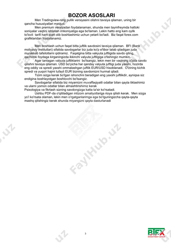 erishish imkoniyatini bering. bu bizning sopning eng muhim qismlaridan biridir. 5 investitsiya asoslari investitsiya qilish g'oyasi bo’yicha arzon (chegirma bilan olish) sotib olish va yuqori (premium) narxda sotishdir. agar biz qisqa pozitsiyani ochadigan bo'lsak, g'oya bo’yicha ular yuqori narxga (premium) ega bo'lganda pozitsiyalarni sotib olish va bozor arzon narx oralig'iga (discount)kelganida pozitsiyalardan chiqish kerak bo’ladi. bu yerda taklif (bun.kn. supply) / talab (bun.kn. demand) rol o'ynaydi. supply zonalari - biz sotmoqchi bo'lgan hududlar, chunki o'sha paytda bizda ortiqcha valyuta taklifi mavjud. demand zonalari - biz sotib olmoqchi bo'lgan zonalar. valyuta talabga ega, bu esa uning bozorda yetarli emasligini bildiradi. ushbu kontseptsiyani tasavvur qilishning eng oson yo'li uy-joy bozori haqida o'ylashdir: agar bozorda hech kim uy sotmagani uchun zahirada uy kam bo'lsa, u holda zahira darajasining pastligi tufayli uy narxi ko'tariladi. boshqa tomondan, agar bir vaqtning o'zida juda ko'p odamlar o'z uylarini sotayotgan bo'lsa, bozor, agar u juda ko'p zahiralar bilan …