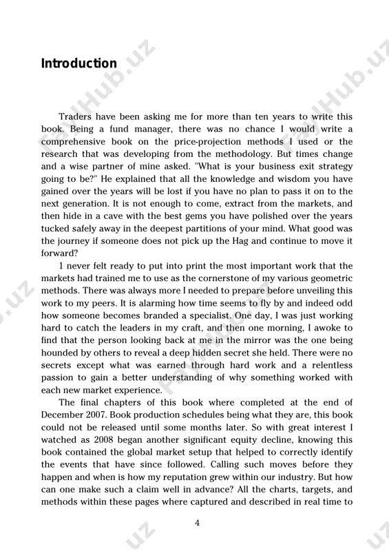 s, targets, and methods within these pages where captured and described in real time to 4 help you see why these methods never fail to astound and inspire me to continue to learn more. markets truly form a mathematical price grid when you know how to read the data. every effort has been made to make these methods transparent for your use. but there will be much work needed on your part to master these techniques. space constraints limited the amount of detail i could offer. numerous examples cannot be developed when the body of work is so extensive. therefore, other methods i use such as custom oscillators, market geometry, gann analysis, and others are sparingly referenced to keep the precious few pages i was given focused on the primary subject. markets from around the world have been selected, but please understand the methods do not vary if your specific …