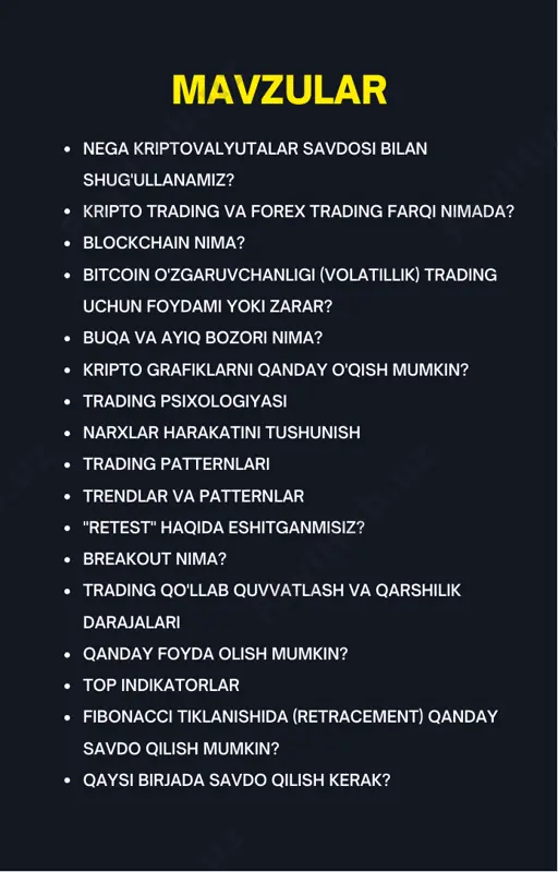 modellari orqali taxminiy narx o'zgarishini aniqlay oladi. shamli grafiklar shunisi bilan foydaliki, unda 4 ta narx nuqtasini ko'rish mumkin. (ochilish, yopilish, eng yuqori, eng past). kripto olamga kirishdan oldin juda muhim narsani o'rganishingiz kerak — bu shamli grafikni o'qish. chiziqli grafik va diagrammalarga qaraganda shamli grafiklar kripto bozor qanday ishlashi haqida juda aniq tushuncha beradi. quyida keltirilgan rasmdagi sham harakatlarini tahlil qilish orqali buqa va ayiq shami farqini ko'rishingiz mumkin. trading psixologiyasi savdo psixologiyasi treyderlarning ruhiy va hissiy holati bilan shug'ullanadi. bu sizning xulq-atvoringiz va fikrlash tarzingiz savdoga va sizning intizomingiz va tavakkal qilishga tayyorligingizga ham ta'sir qiladi. sizning uzoq muddatli savdo muvaffaqiyatingizda sizning fikringiz katta rol o'ynaydi. narxlar harakatini tushunish pattern buqa va ayiq turlariga bo'linadi. buqa patternlari narxlar o'sishini ehtimolini ko'rsatsa, ayiq modeli narxlar tushushi ehtimoli borligini ko'rsatadi. sham patternlarining 35 turi mavjud. ular quyidagi turlarga bo'linadi: davom etish modeli, buqa qaytishi, ayiq modeli qaytishi keyingi sahifada ularning …