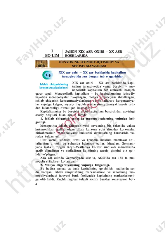 katlarga kapital chiqarish, ya’ni ularga foiz evaziga kreditlar berish, tabiiy boyliklami arzonga sotib olish, u yerlarda eng arzon ishchi kuchi hisobiga boylik orttirish imkonini beruvchi kor- xonalar qurish foydali bo‘lib qoldi. shunday qilib monopoliyalar chetga kapital chiqarishni uni o‘z mamlakatlari iqtisodiga solishdan afzal ko‘rar edilar, bu hoi metro- poliyalaming rivojlanishiga to ‘sqinlik qila boshladi. shu tufayli, 1900-1913-yillarda industrial davlatlar chetga chi- qargan kapitalning hajmi ikki barobar oshganligi bejiz bo‘lmagan edi. 4. xalqaro monopoliyalaming dunyoni iqtisodiy jihatdan bo‘lib olishi. eng yirik monopoliyalar, moliya oligarxiyasining turli guruhlari bozorlar, xomashyo manbalari ustidan nazorat o‘matishga intilganlar. shu tariqa, millatlararo korporatsiyalar vujudga kelgan. 1910-yilda ulaming soni 100 taga yetgan. natijada, endi yangi bir hodisa - ular o‘rtasida jahon xo‘jaligi va boyligini nazorat qilish uchun kurash boshlangan. chunonchi, ikki moliya guruhi - rokfeller (aqsh) va rotshildlar (buyuk britaniya, fransiya) guruhi jahonning kerosin bo- zorini bo‘lib olgan. 1907-yilda esa g ‘oyat ulkan monopoliyalar - „umumiy elektr kompaniyasi“ …