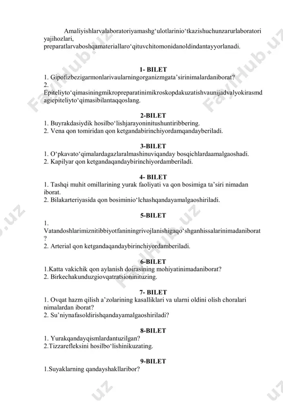 sirinianiqlash. 26- bilet 1.nerv sistemasiningqandaykasalliklarimavjud. 2.laboratoriya mashg`uloti. biriktiruvchito`qimasiningtuzilishinimikroskopostidakuzatingvako‘rganlaringizni izohlang. 27- bilet 1.alkogolning oliynervfaoliyatigata`siri. 2. muskullarningdinamikvastatikishiniko‘rsating. 28- bilet 1.ovqat hazmqilishorganlariningtuzilishi. 2.laboratoriya mashg`uloti. biriktiruvchito`qimasiningtuzilishinimikroskopostidakuzatingvaizohlang. 29- bilet 1.markaziy nervsistemasining tormozlanishiningqandayxillarifarqqilinadi? 2.sovqotgandava sovuqurgandaqandaybirinchiyordamberishmumkin. 30- bilet 1.qonningtarkibivashakllielementlarihaqidama’lumot bering. 2.vena qon tomiridan qon ketgandaqandaybirinchiyordamberishmumkin. o‘zbekiston respublikasi xalq ta’limi vazirligi respublika ta’lim markazi umumiy o‘rta ta'limning 8-sinf o‘quvchilari bosqichli imtihonini o‘tkazish bo‘yicha metodik tavsiyalar va materiallar o‘zbekiston davlati va huquqi asoslari 2017-2018 o‘quv yili umumiy o‘rta ta'limning 8-sinf o‘quvchilari bosqichli imtihonini o‘tkazish bo‘yicha metodik tavsiyalar va materiallar respublika ta’lim markazi ilmiy- metodik kengashining 2018 yil 11 apreldagi navbatdan tashqari 2-sonli yig‘ilishida muhokama qilinib, amaliyotda foydalanish uchun tavsiya etilgan. umumiy o‘rta ta'limning 8-sinf o‘quvchilari bosqichli imtihonini o‘tkazish bo‘yicha metodik tavsiyalar va materiallarini kommersiya maqsadida ko‘paytirib tarqatish mumkin emas. maktab metodbirlashmalari bosqichli imtihon materiallariga 15% o‘zgartirishlar kiritishi mumkin. tuzuvchilar: o‘.jo‘rayev-respublika ta’lim markazi bo‘lim boshlig‘i x.o‘tanov-respublika ta’lim markazi metodisti. m.a’loxanov-respublika ta’lim markazi metodisti. taqrizchi: q.exsonov - toshkent shahar, yashnobod tumanidagi …