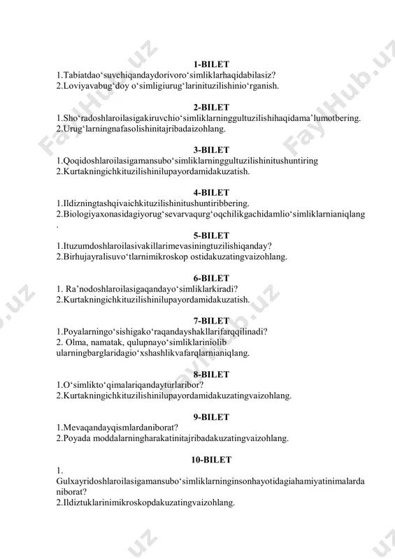 mliklarningqandayhayotiyshakllaribor? 2. gerbariylardan foydalanibo‘simliklarningqandayto‘pgulgaegaekanligihaqidatushuntiring. 24-bilet 1. ildizningturlarivatizimlarihaqidama’lumot bering. 2. gullio‘simliklarningorganlariniizohlang. 25-bilet 1. to‘pgullarningqandayturlaribor? 2. atrofimizdao‘sibturgano‘simliklardanyokigerbariylardan foydalanibyopiqurug‘livaochiqurug‘lio‘simliklarnio‘zarotaqqoslash. 26-bilet 1. gulqandayqismlardantuzilgan? 2. ildiztuklarinimikroskopdakuzatingvaizohlang. 27-bilet 1. burchoqdoshlaroilasigamansubo‘simliklarningtabiatdagiahamiyatinimalardanibora t? 2. o‘qildizva popukildiztiziminimaktab hovlisidanyig‘ibolingano‘simliklarmisolidatushuntiring. 28-bilet 1. sho‘radoshlaroilasigakiruvchio‘simliklarninggultuzilishiqanday? 2. piyozpo‘stihujayrasinimikroskop ostidakuzatingvaizohlang. 29-bilet 1. karamdoshlaroilasigamansubo‘simliklarningo‘zigaxosxususiyatlarinimalardanibor at? 2. mikroskopningtuzilishinitushuntiribbering. 30-bilet 1. novdadabarglarqanday joylashadi? 2. barglarningsuvbug‘latishinitajribadaqandaykuzatishmumkin. o‘zbekiston respublikasi xalq ta’limi vazirligi respublika ta’lim markazi umumiy o‘rta ta'limning 6-sinf o‘quvchilaribosqichli imtihonini o‘tkazish bo‘yicha metodik tavsiyalar va materiallar fransuz tili 2017-2018 o‘quvyili umumiyo‘rtata'limning 6-sinf o’quvchilaribosqichliimtihoninio‘tkazishbo‘yichametodiktavsiyalarvamateriallar respublikata’limmarkaziilmiy-metodikkengashining 2018 yil 11 apreldaginavbatdantashqari 2-sonli yig’ilishidamuhokamaqilinib, amaliyotdafoydalanishuchuntavsiyaetilgan. umumiyo‘rtata'limning 6-sinf o’quvchilaribosqichliimtihoninio‘tkazishbo‘yichametodiktavsiyalarvamateriallarini kommersiyamaqsadidako’paytiribtarqatishmumkinemas. maktabmetodbirlashmalaribosqichliimtihonmateriallariga15% o’zgartirishlarkiritishimumkin. tuzuvchi: s.qurbonaliyeva- respublika ta’lim markazi chet tillar bo’limi metodisti. taqrizchilar: o.abduraxmonova - toshkent shahar, yunusobod tumanidagi 51-maktabning fransuz tili o’qitu