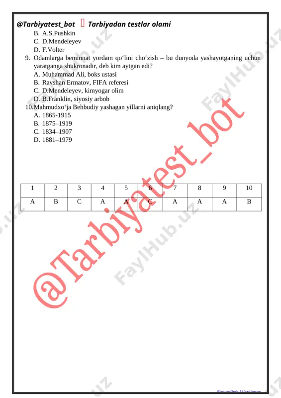 ning kuchliligi d. barcha javoblar to’g’ri 7. 9-sinf “tarbiya” darsligining i bobi qanday nomlanadi? a. yashashdan maqsad – munosib hayot b. tadbirkorlik, g‘oya va boylikdan foydalanish mezonlari c. ilm-ma’rifat. innovatsiya d. to’g’ri javob yo’q 8. fuqarolarning mahalla miqyosidagi masalalarda faol bo’lishi, muammolarni hal qilishda ishtirok etishi faol fuqarolikning qaysi darajasiga mos? a. mahalliy darajadagi faollik b. hududiy yoki davlat ahamiyatidagi faollik c. xalqaro darajadagi faollik d. barcha javoblar to’g’ri 9. fuqarolarning davlat miqyosidagi faolligi faol fuqarolikning qaysi darajasiga mos? a. mahalliy darajadagi faollik b. hududiy yoki davlat ahamiyatidagi faollik c. xalqaro darajadagi faollik d. barcha javoblar to’g’ri 10. fuqarolarning xalqaro ahamiyatga molik masalalar bo’yicha faol harakati qaysi darajaga xos? a. mahalliy darajadagi faollik b. hududiy yoki davlat ahamiyatidagi faollik c. xalqaro darajadagi faollik d. barcha javoblar to’g’ri 1 2 3 4 5 6 7 8 9 10 c b a b b b a a b c 6-7-mavzu: kelajakka sarmoya …