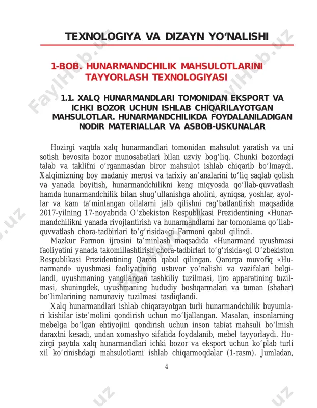 adgorlikda bolalar aravachasi, beshik, belanchak, sandiq, egar, shuningdek, badiiy shakldagi buyumlar, ku- lolchilikda esa qadimgi xalq an’analarida ishlangan buyumlar: xum, xumcha, tandir, tog‘ora, lagan, kosa, choynak va piyola (jumladan, paxta gullilar), turli ko‘rinishdagi ko‘zalar, guldon va boshqa anjomlar ishlab chiqariladi. yog‘och bilan ishlovchi xalq hunarmandlari tashqi bozor uchun javonlar (idish-tovoqlar, kitoblar, kiyimlar uchun javon), servantlar, umumiy shkafl ar, g‘aladon, stollar (yozuv, ovqatlanish, oshxona va boshqalar), karavotlar, di- vanlar, divan-karavotlar, taburetka, stullar, kreslo, kreslo-karavot, metall bilan ishlovchi xalq hunarmandlari esa uy-ro‘zg‘or uchun idish-tovoqlar (lagan, kosa, oftoba, qozon, qumg‘on, choyidish), pichoqlar, qoshiqlar, eshik va de- razalar, darvozalar va ular uchun panjaralar yasashmoqda. o‘zbek amaliy bezak san’atining eng keng tarqalgan turlaridan biri kanda- korlikdir. kandakorlik deganda, metalldan yasalgan badiiy buyumlarga o‘yib yoki bo‘rtiq qilib naqsh ishlash tushuniladi. yurtimizda metalldan yasal- gan badiiy buyumlar ishlab chiqarish qadimdan rivojlanib kelayotgan san’at turlaridan biri bo‘lib, bu san’at o‘zining qadimiyligiga ko‘ra kulolchilikdan so‘ng ikkinchi o‘rinda turadi. savdo-sotiqda …