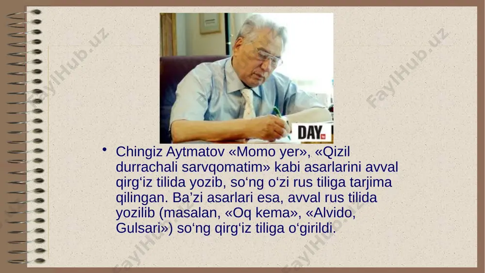 , o‘zining ukasi bekterni o‘q-yoy bilan otib o‘ldirib qo‘yadi. yozuvchi qonxo‘r jahongir tabiatining ildizlarini ochib berishni maqsad qilib qo‘ygan. bolaligidanoq toshbag‘ir bo‘lib o‘sgan, hech kimga yaxshilik ravo ko‘rmaydigan kishidan ezgulik kutib bo‘larmidi? chingizxon ulkan jahongirlik janglariga ikki yil tayyorgarlik ko‘rdi. oilaviy qo‘shinlarga «jangu jadallar nihoyasiga yetmaguncha ayollar tug‘masin» degan qahrli farmon berildi. yangi qissaning badiiy ahamiyatini ko‘targan voqealardan e’tiborlisi — lashkarboshilardan biri, yuzboshi erdene bilan qo‘shin tug‘lariga gul tikadigan kashtado‘z do‘g‘ulangning ayanchli fojiasidir. hokimiyatning kuch-qudrati, zabtidan ikki yosh oshkora oila qurishga muyassar bo‘la olmaydi. lekin baribir chingizxonning farmoni, buyrug‘i ikki qaynoq qalbning muhabbati qarshisida ojiz edi. chingiz aytmatovning «asrga tatigulik kun» romaniga ilova qilingan qissa. yozuvchi kitobxonlarni romanda taqdiri noma’lum bo‘lib qolgan abutalip quttiboev bilan qaytadan uchrashtiradi. «chingizxonning oq buluti» qissasida ikki yo‘nalish – bir tomondan pok qalbli abutalip bilan beshafqat tansiqboev o‘rtasidagi murosasiz to‘qnashuv, ikkinchi tarafdan esa, dunyoni larzaga keltirgan chingizxonning fojiasi bir-biri bilan botiniy bog‘lanib ketgan. chekist tansiqboev …