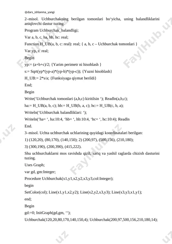 00,156), (210,180); 3) (300,190), (200,390), (415,222). shu uchburchaklarni mos ravishda qizil, sariq va yashil raglarda chizish dasturini tuzing. uses graph; var gd, gm:integer; procedure uchburchak(x1,y1,x2,y2,x3,y3,col:integer); begin setcolor(col); line(x1,y1,x2,y2); line(x2,y2,x3,y3); line(x3,y3,x1,y1); end; begin gd:=0; initgraph(gd,gm, ‘‘); uchburchak(120,20,80,170,140,150,4); uchburchak(200,97,500,156,210,180,14); uchburchak(300,190,200,390,415,222,2); readln; closegraph; end. yuqorida keltirilgan dasturlarga e’tiborni qaratib, quyidagi xulosaga kelish mumkin: protsedura va funksiyalarga murojaat etish vaqtida funksiya nomi albatta biror operator tarkibida, protsedura nomi esa alohida (mustaqil) yozilar ekan. iv. mustahkamlash uchun savol va topshiriqlar 1. dasturda protsedura va funksiyalar qanday maqsadda qo‘llaniladi? 2. protsedura va funksiyalarning farqi nimada? 3. parametrli protsedura va funksiyalar haqida so‘zlab bering. 4. protseduraning umumiy tuzilishini ifodalab bering. 5. funksiyaning umumiy tuzilishini ifodalab bering. 6. dasturdagi umumiy va mahalliy o‘zgaruvchilar haqida so‘zlab bering. 7. funksiya o’rniga qachon protsedura ishlatish mumkin? javobingizni izohlang. mashqlar 1. uchta to‘g‘ri to‘rtburchakning har birining bittadan diagonali uchlarining koordinatalari berilgan: 1) 20,20 va 80,200; 2) 200,97 va 500,156; 3) 300,120 va …