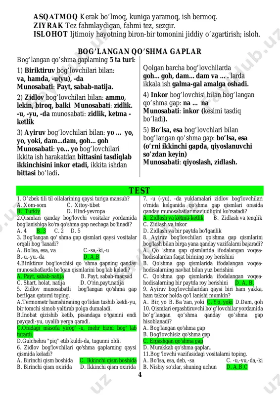 di). 5) bo’lsa, esa bog’lovchlari bilan bog’langan qo’shma gap: bo’lsa, esa (o’rni ikkinchi gapda, qiyoslanuvchi so’zdan keyin) munosabati: qiyoslash, zidlash. test 1. o’zbek tili til oilalarining qaysi turiga mansub? a. xom-som c. xitoy-tibet b. turkiy d. hind-yevropa 2.qismlari qanday bog'lovchi vositalar yordamida bog'lanishiga ko'ra qo'shma gap nechaga bo'linadi? a. 4 b. 3 c. 2 d. 5 3. bog'langan qo' shma gap qismlari qaysi vositalar orqali bog 'lanadi? a. bo'lsa, esa, va c.-sa,-ki,-u b.-u,-yu.-da d. a,b 4.biriktiruv bog'lovchisi qo 'shma gapning qanday munosabatlarda bo'lgan qismlarini bog'lab keladi? a. payt, sabab-natija b. payt, sabab-maqsad c. shart, holat, natija d. o'rin,payt,natija 5. zidlov munosabatli bog'langan qo'shma gap berilgan qatorni toping. a.termometr hamshiraning qo'lidan tushib ketdi-yu, bir tomchi simob yaltirab polga dumaladi. b.inobat qizishib ketib, pisandaga o'tganini endi payqadi-yu, uyalib yerga qaradi. c.oradagi masofa yirog' -u, mehr bizni bog' lab turardi. d.gulchehra "piq" etib kuldi-da, tugunni oldi. 6. zidlov bog'lovchilari qo'shma gaplarning qaysi qismida …