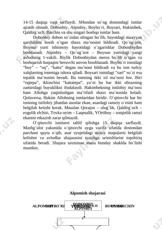 laversa, hakim allohning ismlaridan biridir. o`qituvchi har bir ismning istilohiy jihatdan asoslar ekan, asardagi ramziy o`rnini ham belgilab ketishi kerak. masalan qorajon – ulug`lik, qaldirg`och – ezgulik elchisi, tovka oyim – laqmalik, yortiboy – sotqinlik ramzi ekanini etkazish zarar qilmaydi. o`qituvchi ismlarni tahlil qilishga 15 daqiqa sarflaydi. mashg`ulot yakunida o`qituvchi uyga vazifa sifatida dostondan parchani qayta o`qib, asar syujetidagi asosiy nuqtalarni belgilab kelishni va avlodlar shajarasini tuzishga urinishlarini topshiriq sifatida beradi. shajara taxminan mana bunday shaklda bo`lishi mumkin. alpomish shajarasi alpinbiy dobonbiy boybo`ri boysari alpomish oybarchin qaldirg`och yodgor “alpomish” dostonining o`zlashtirilishiga qaratilgan uchinchi mashg`ulotda o`qituvchi dostondagi umumbadiiyatga daxldor ko`chma syujetlar haqida ma’luumot berish asosida o`quvchilarni tahlilga tortadi. avvalo ko`chma syujet, ramzlar, timsollar va obrazlar haqida tasavvur beradi. buning uchun dostondan berilgan parchani mutolaa qilishdan avval o`quvchilarga quyidagicha ma’lumotlarni yetkazish to`g`ri bo`ladi. doston qahramonlari hakimbek, qaldirg`och va barchin oy shohimardon piri mozorida qirq kunlik iltijo bilan tilab olinadi. ularning tug`ilishi va …