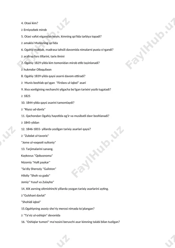 i? j: "dahr uyi bunyodkim, suv uzradur, mahkam emas" tarji'bandida 28. ogahiy dunyoni nimaga o'xshatadi? j: omonat dunyoga 29. ogahiyning siyosat,va davlatga munosabati, huknodor fazilatlari, burch va vazifalari borasidagi mulohazalari aks etgan pandnoma asar qaysi? j: "qasidayi nasihat" 30. adabiyotimiz tarixida juda kam uchraydigan hodisalardan biri nima? j: musoviyat-tarafayn 31. ogahiy kimlarning an'analarini davom ettirgan? j: lutfiy, navoiy, fuzuliy, bobur, munis 32. "baland aylab quyoshg'a poya navro'z" g'azali necha bayt? j: 9 33. nechanchi baytda navro'z ayyomi jonlantiriladi va quyoshni baland qadr va martabaga yuksaltiradi? j: 1 va 2 34. qaysi g'azalida besutun tog'i uchraydi? j: "ustina" 35. ogahiyning qaysi g'azalida "sarsar to'dasi" uchraydi? j: "qotig'roq kelmadi hargiz jahong'a ushbu qishdin qish.." 36. "baland aylab quyoshg'a poya navro'z" g'azalida navro'z yurtga nima bilan kirib keladi? j: fayz, shodlik, aysh 37. 'baland aylab quyoshg'a poya navro'z" g'azalining nechanchi baytida ko'klam go'zalligi islomiy tushunchalar orqali ochiladi? j: 4-bayt 38. "ahli g'ino" nechanchi …