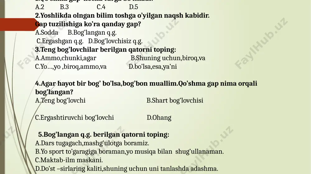 adi. (said ahmad) 5. ba’zilar hordiq chiqarishga kirishadilar-u, ba’zilar podalari izidan cho’lga qarab ketdilar. (sh.xolmirzayev) test sinovi: 1.zidlov bog’lovchilari berilgan qatorni toping: a.ammo,lekin,chunki b.yo…,yo ,yoki,biroq c.ammo,lekin,biroq,balki d.va,hamda,ham.-u,-yu 1.zidlov bog’lovchilari berilgan qatorni toping: a.ammo,lekin,chunki b.yo…,yo ,yoki,biroq c.ammo,lekin,biroq,balki d.va,hamda,ham.-u,-yu 2.zidlov bog’lovchilaridan qaysi biri vazifadosh bog’lovchi sanaladi. a.ammo b.balki c.biroq d.lekin 2.zidlov bog’lovchilaridan qaysi biri vazifadosh bog’lovchi sanaladi. a.ammo b.balki (modal so’z) c.biroq d.lekin 3.zidlov bog’lovhilari gapda qanday munosabat ifodalab keladi? a.zidlik b.magsad c.gumon d.ketma-ketlik 3.zidlov bog’lovhilari gapda qanday munosabat ifodalab keladi? a.zidlik b.magsad c.gumon d.ketma-ketlik 4.nuqtalar o’rniga mos bog’lovchi qo’ying:suv –bebaho ne’mat, ….. bu ne’matning qadriga yetmasak,bizni bir kun uvoli tutajak. a.ammo b.balki c.hamda d.yoki 4.nuqtalar o’rniga mos bog’lovchi qo’ying:suv –bebaho ne’mat, ….. bu ne’matning qadriga yetmasak,bizni bir kun uvoli tutajak. a.ammo b.balki c.hamda d.yoki 5.zidlov bog’lovchili b.q.g berilgan qatorni toping: a.havo isidi va yana paxtalar oppoq bo’lib ochildi. b.biz dengiz osha tinimsiz suzib borar edik,lekin bu ummonning poyoni ko’rinmas edi. c.biz …