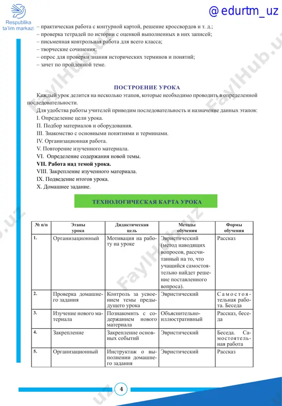 se prepodavaniya istorii uchitel doljen reshat nerazrivno svyazannie mejdu soboy zadachi obrazovaniya, vospitaniya i razvitiya mishleniya uchashixsya. glubokoe usvoenie znaniy predpolagaet razvitie umeniya analizirovat i obobshat fak- ti, sravnivat sobitiya i yavleniya, samostoyatelno otsenivat ix i delat vivodi, a takje ovladenie prakticheskimi umeniyami i navikami samostoyatelnoy raboti s istoricheskimi istochnikami, kartami, razvitie ustnoy i pismennoy rechi. dlya etogo neobxodimo ispolzovat raznoobraznie formi i metodi podachi uchebnogo materiala: – rasskaz po kartine; – rasskaz v forme «puteshestvie v proshloe»; – sozdanie illyuzii «uchastiya» v opisivaemix sobitiyax; – personifikatsiya na primere konkretnogo istoricheskogo litsa; – dramatizatsiya istoricheskix sobitiy, naprimer, spor istoricheskogo i vimishlennogo litsa, v xode kotorogo viyavlyaetsya pravomernost ili nepravomernost tex ili inix deystviy i postupkov pervogo; – izlojenie zanimatelnix detaley i podrobnostey; – obrazniy i uvlekatelniy rasskaz uchitelya; – sozdanie problemnix situatsiy i postanovka problemnix zadach; – samostoyatelniy analiz uchashimisya istoricheskix faktov na osnove logicheskoy «sxe- mi-pamyatki», sostoyashey iz gruppi …