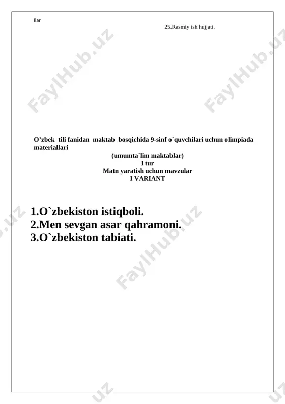 ,uydan chiqmoq d)ota-onalar majlisi, tilla zanjir 4.boshqaruvli birikmani toping? a) mening kitobim, aqlli bola b) bog` atrofiga ekmoq,uyda o`tirmoq c) maktabdan kelmoq,maktab hovlisi d) shiddatli to`lqin,katta ariq 5.quyidagi berilgan so`z birikmalaridan qaysi biri bitishuv usuli bilan hosil bo`lgan? a) o`sha ko`cha, kitobni o`qimoq b) shahar aholisi,daraxtni o`tqazmoq c) vatanni sevmoq,mustaqil davlat d) aqlli qariya,oqqan daryo 6.ruboiy necha misradan iborat? a) 2 b) 4 c) 3 d) 6 7.quyidagi berilgan gaplardan qaysi biri buyruq gap? a) ruxsat bersangiz xonaga kirsam. b) o`zbekiston taraqqiyoti yoshlar qo`lida. c )dam olish kuni qayerga boramiz? d) buyuk ajdodlarimiz merosidan faxrlaning. 8.alisher navoiyning ”chor devoni” necha misra she`riy asarlarni o`z ichiga olgan? a) 47000 b) 52000 c) 60000 d) 16000 9.”xamsa”ning 4-dostoni qanday nomlanadi? a)”farhod va shirin” b)”layli va majnun” c)”sab`ayi sayyor” d)”saddi iskandariy” 10.bobur qayerda bog`lar barpo qilgan? a) samarqand, qobul b) kesh ,buxoro c) termiz, andijon d) hindiston, afg`onistin 11. gulni sevmas ayol bormi …