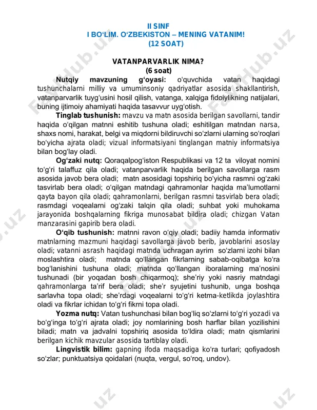 z, sinonim, antonim, soʻz shakllari kabilar) ning maʼnosini aniqlaydi, atamalarni toʻgʻri talaffuz qiladi, ularni ogʻzaki va yozma nutqida samarali qoʻllay oladi otoʻs.2.lk.6 gaplardagi birinchi soʻzlar hamda ismlarni bosh harf bilan yoza oladi; otoʻs.2.lk.7 sinf darajasiga mos sodda gaplarning egasi, kesimi, aniqlovchisini farqlay oladi otoʻs.1.lk.8 sinf darajasiga mos matnlarda gaplarning darak, buyruq, soʻroq hamda his-hayajon ohangida ekanini aniqlaydi, ogʻzaki va yozma nutqida toʻgʻri qoʻllay oladi otoʻs.2.lk.9 sinf darajasiga mos matn hamda soʻzlarda boʻgʻin koʻchirish qoidalarini amalda qoʻllay oladi; otoʻs.2.lk.10 sinf darajasiga mos matnlarda ot, sifat, feʼllarni aniqlaydi hamda ularni ogʻzaki va yozma nutqida samarali qoʻllay oladi otoʻs.2.lk.11 asosiy husnixat, imlo, boʻgʻin koʻchirish hamda tinish belgilari qoidalariga amal qilgan holda ikkinchi sinf darajasiga mos, oʻquv dasturida berilgan mavzular yuzasidan gaplar hamda kichik matnlar tuzib yoza oladi ii sinf i boʻlim. oʻzbekiston – mening vatanim! (12 soat) vatanparvarlik nima? (6 soat) nutqiy mavzuning gʻoyasi: oʻquvchida vatan haqidagi tushunchalarni milliy va umuminsoniy qadriyatlar asosida …