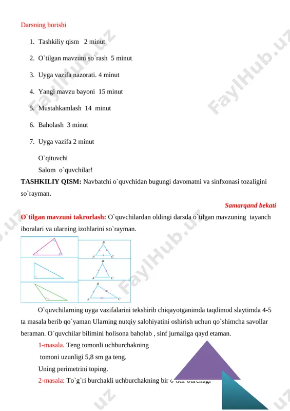 rchakning katetlari 3 dm va 4 dm ga teng . uning yuzini toping 4. uchburchakning balandligi 5,6 sm, balandlik tushgan tomon undan 1.4 sm ga ortiq uning yuzini toping. “a`lochilar” guruhiga 1. asosi 10 sm, unga tushirilgan balandligi 5 sm bo`lgan uchburchak yuzini toping. 2. to`g`ri burchakli uchburchakning katetlari 3 dm va 14 dm ga teng . uning yuzini toping 3. to`g`ri burchakli uchburchakning katetlari 30 dm va 40 dm ga teng . uning yuzini toping 4. uchburchakning balandligi 4,4 sm, balandlik tushgan tomon undan 1.6 sm ga ortiq uning yuzini toping. muammoli vaziyat 1. uchburchakning bir tomoni 8 sm balandligi 5 sm bo`lsa uning yuzini toping. 2. uchburchakning bir tomoni 20 sm ikkinchi tomoni 16 sm bo`lsa uning yuzini toping. umumiy masala 1. asosi 5,2 sm unga tushurilgan balandligi 4,5 sm bo`lgan uchburchak yuzini toping. bu qiymatlarni 2 marta ortiring asosi 10,4 sm va balandligi 9 sm bo`lgan ushburchakning …