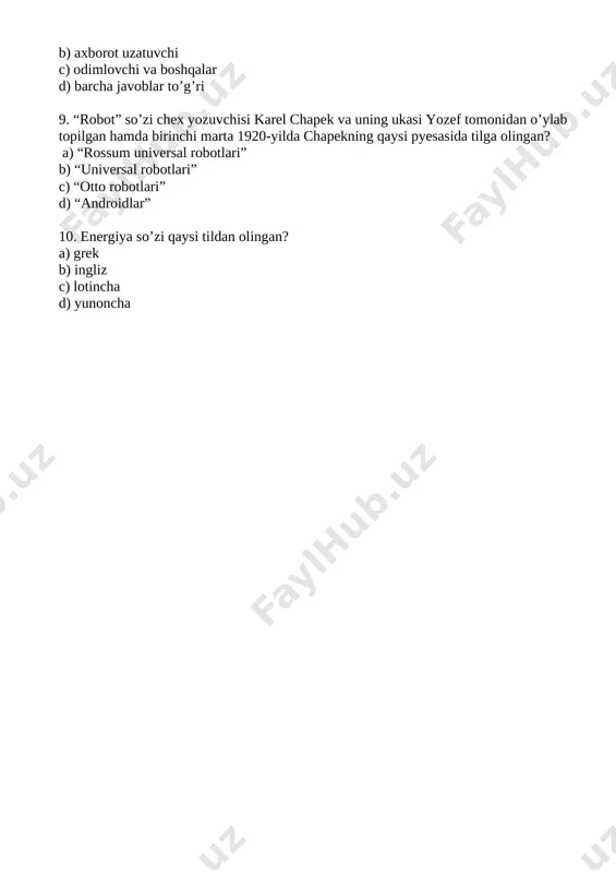 toping? a) manfiy qutb b) maxsus batareya c) quvvat va usb portini ulash qismi d) pinlar 8. hisoblash jarayonida qiymatini o‘zgartirmaydigan kattaliklar. a) char b) o’zgaruvchi c) o’zgarmas d) int 9.dastlabki 3 rang (yashil, sariq va qizil) svetofordan qaysi yilda moskvada (rossiya) foydalanila boshlagan? a) 1918 yil b) 1920 yil c) 1930 yil d) 1938 yil 10. yashil svetodiod necha sekund davomida yonib turish kerak? a) 10 sekund b) 8 sekund c) 3 sekund d) 1 sekund testlar. 7-sinf i variant 1. yorug’lik kuchi ta’sirida o’z qarshiligini o’zgartiradigan yarim o’tkazgichli qurilmaga aytiladi? a) fotoreziztor b) optoelektron asbob c) blyutuz d) komparator 2. optoelektron asbob deb nimaga aytiladi? a) yorug’lik kuchi ta’sirida o’z qarshiligini o’zgartiradigan yarim o’tkazgichli qurilmaga aytiladi b) elektr signalini optik signalga o’zgartiruvchi, o’zgargan energiyani indikator yoki fotoelektrik o’zgartkichlarga uzatuvchi asbobga aytiladi c) suyuqliklar ishtirokida bir mexanizmning ikkinchi mexanizmini harakatga keltirishga asoslangan mexanizmlar d) elektr energiyasini mexanik energiyaga aylantirib …