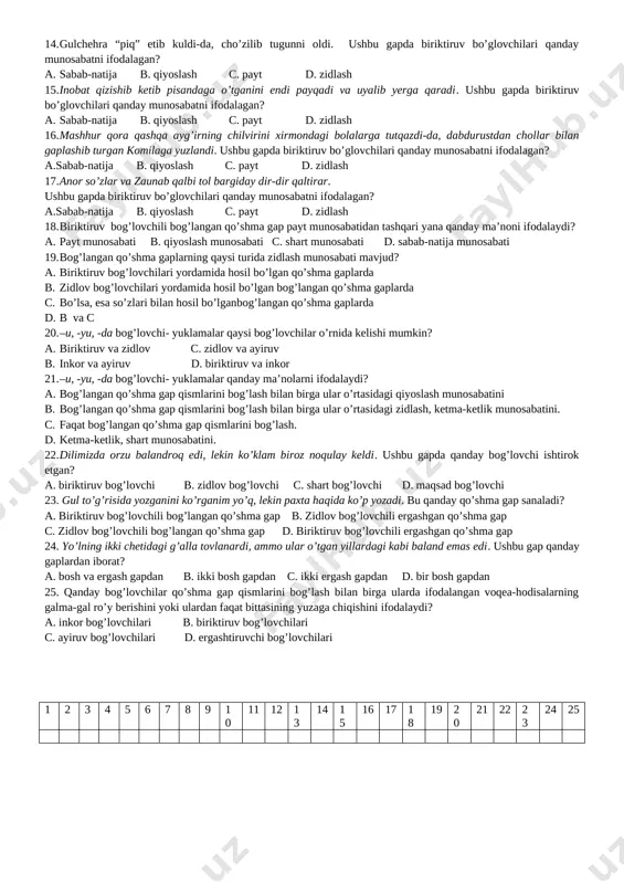 nlarga tinish belgilarini qo’ying. a. vergul, ikki nuqta b. tire, ikki nuqta c. vergul, tire d. vergul, nuqtali vergul 4. oqil agar so’zi bila so’zni yopar, orif o’sha so’zda o’zini topar. bu qanday qo’shma gap? a. bog’lovchisiz qo’shma gap c. bog’langan qo’shma gap b. ergashgan qo’shma gap d. bir necha bosh gapli qo’shma gap 5. og’ziga kelganini demoq nodon ishi va oldiga kelganini yemoq hayvon ishi. ushbu gap qo’shma gapning qaysi turiga kiradi? a. bog’lovchisiz qo’shma gap c. bog’langan qo’shma gap b. ergashgan qo’shma gap d. bir necha bosh gapli qo’shma gap 6. bog’langan qo’shma gap qanday gaplardan tashkil topadi? a. ikki ergash gapdan c. ikki bosh gapdan b. bosh va ergash gapdan d. sodda va qo’shma gapdan 7. bog’langan qo’shma gap nimalar yordamida bog’lanadi? a. teng bog’lovchilar, ko’makchili qurilmalar b. teng bog’lovchilar, bo’lsa, esa so’zlari bilan c. ergashtiruvchi bog’lovchilar, nisbiy so’zlar bilan d. ergashtiruvchi bog’lovchilar, deb so’zi bilan 8. …