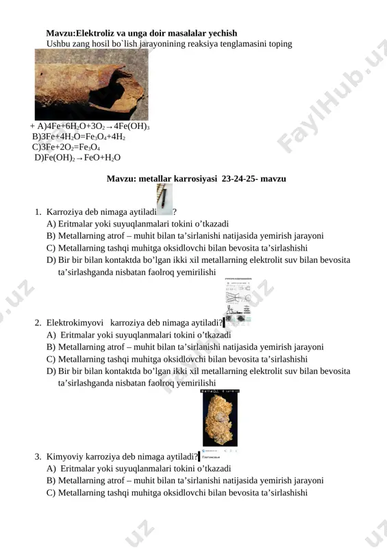 nomini va qanday xossali oksid ekanligini toping. a) xrom oksidi, asosli *b) xrom (iii) oksidi, amfoter c) xrom (iii) oksidi, kislatali d) xrom (vi) oksidi, kislotali 3. cro3 oksid nomini va qanday xossali oksid ekanligini toping. a) xrom oksidi, asosli b) xrom (iii) oksidi, amfoter c) xrom (iii) oksidi, kislatali *d) xrom (vi) oksidi, kislotali 4. quyidagi formulaning nomini va undagi sigma va pi bo’lar sonini toping [image: ] *a) xtomat kislata 6 sigma 2 pi b) dixromat 6 sigma 2 pi c) xrom oqsidi 6 sigma 2 pi d) xrom gidroksid 6 sigma 2 pi 5. cro = cr2o3 =cr(no3)3 yuqoridagi reaksiya tenglamasini amalga oshirish uchun zaruz bo’lgan moddalarni tanlang. *a) o2, hno3 b) o2, hno2 c) naoh hno3 d) naoh hno2 [image: ] [image: alt] domna pechining tashqi ko’rinishi. 1. choyan tarkibi nimalardan iborat. a) 2.14% dan ko’p uglerod tutgan temir va uglerod qotishmasi. b) 2.14% dan ko’p …